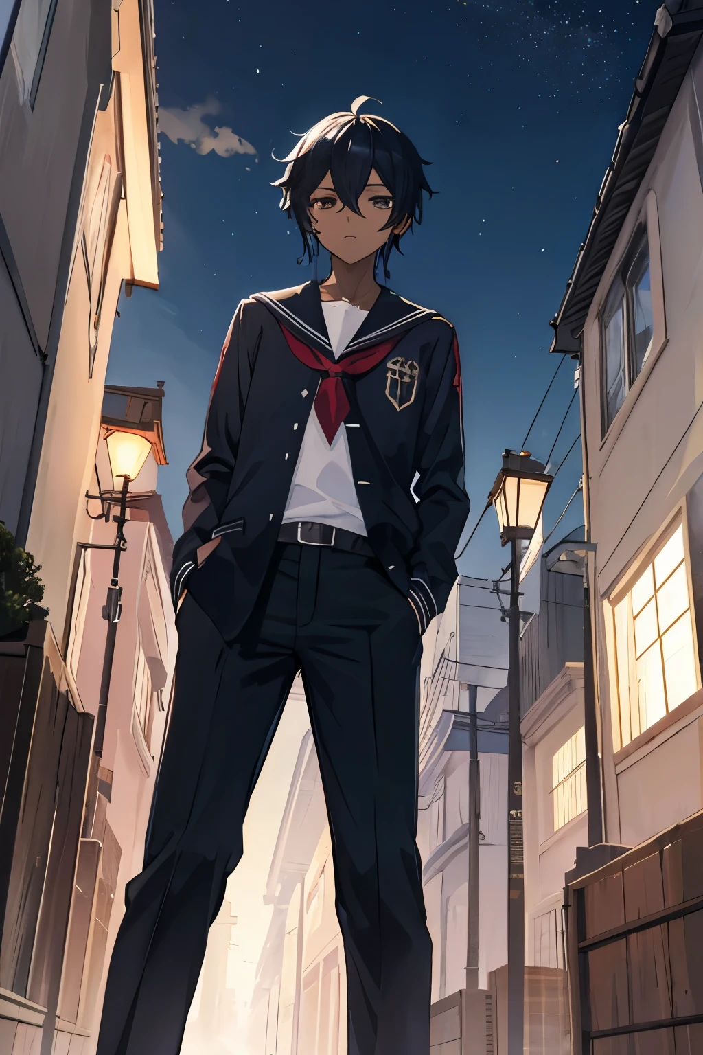 1boy, black hair, schools uniforms, black eyes, dark skin,anime,genshin impact,night,street
