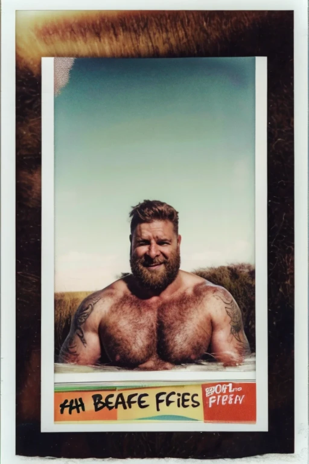 a beefy guy, dad, 1950s, shirtless, detailed pupils, macho, hairy, homoerotic, polaroid image, old, distorted, scratched, ray tracing, chromatic aberration abuse, motion lines, atmospheric perspective, cowboy shot, UHD, textured skin, 4K