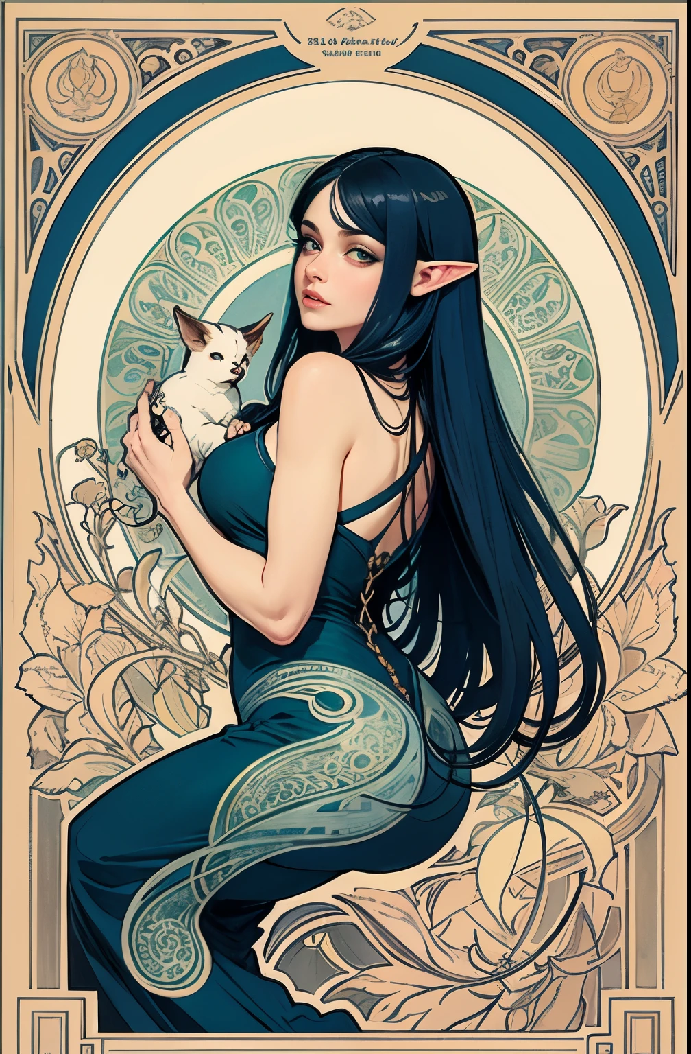 ((masterpiece)), (best quality), (cinematic),  A mature sexy woman with large breasts, big eyes, long thick eyelashes, pale skin, full lips, green eyes, long thick hair, surrounded by various mysterious and fantastical creatures. The woman is dressed sexy in a dark blue dress in the style of Alphonse Mucha. There are two white creatures with large eyes and pointed ears, resembling elves or fairies. A blue bird with long tail feathers sits on the shoulder of the central woman . Two dark shadowy figures with cut-out eye holes seem to be looming behind the central woman. A bare tree branch extends from behind the figure, its leaves appearing to be falling or wilting. The entire scene is adorned by a beautifully decorated oval frame, featuring intricate designs and patterns in the style of Alphonse Mucha. watercolor artwork