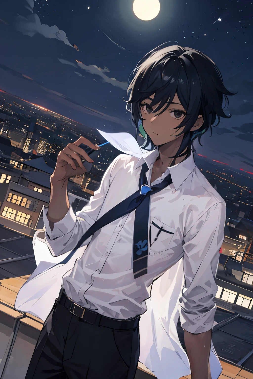 1boy, black hair, schools uniforms, black eyes, dark skin,anime,genshin impact,night,school rooftop