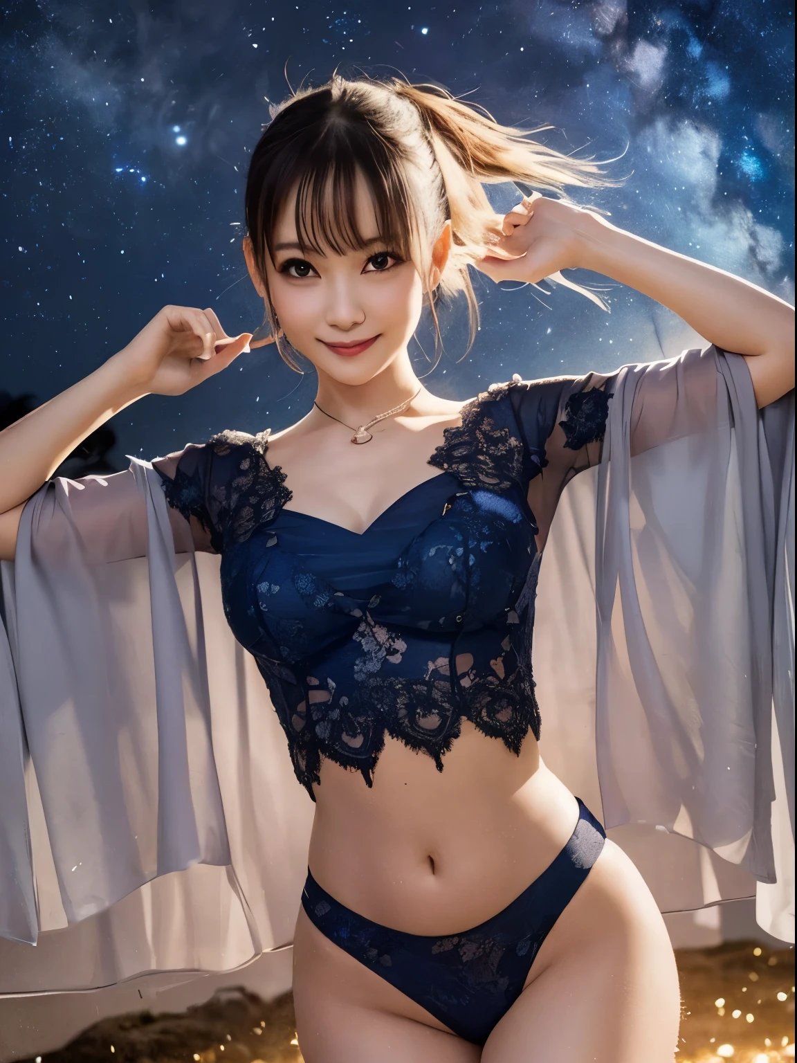 Smile full of happiness、((Looks happy:1.3))、18Slender beautiful girl、Panting face、Lacking、Sweating、Expression in a state of excitement、short-hair、eye glass、Photorealistic,High resolution,Soft light,1womanl,hips up high, Large breasts, Blue eyes, Sexy traditional costume lace, Sexy fluorescent color traditional garment with very small fabric area,、Ultra Mini、Looks Back、Navel Ejection、Wide open chest、stick out、Starry sky with lots of shooting stars in the background at night、Light on her、Fold your hands behind your head、Open the crotch、raise one leg wide