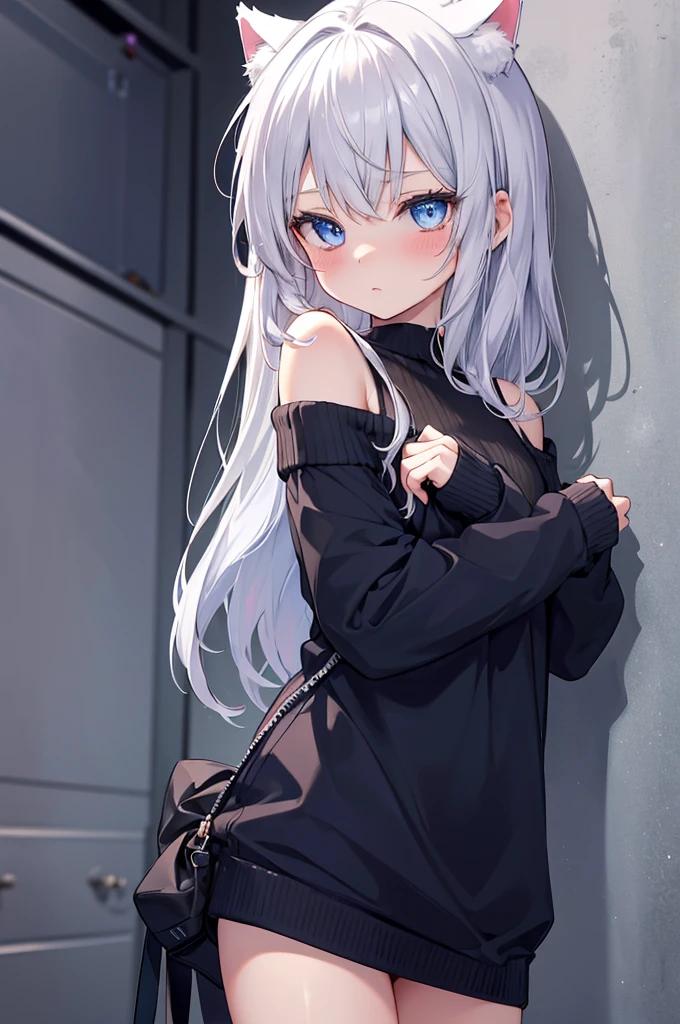 best quality, ultra precision, 1girl,  cute, little girl, young, boyish, childish, small breasts, silver hair, cat ears, blue eyes, beautiful eyes,  girl, ???????, sailor collar, estrus, metestrus, start to undress, naughty mood, she loves you, lost virgin, virgin, blush, beautiful skin, big bow on chest I'm not wearing panties BLUE SWEATER, BLACK SHIRT, SHIRT UNDER SWEATER, OFF SHOULDER TOP) Tsundere leaning against the wall