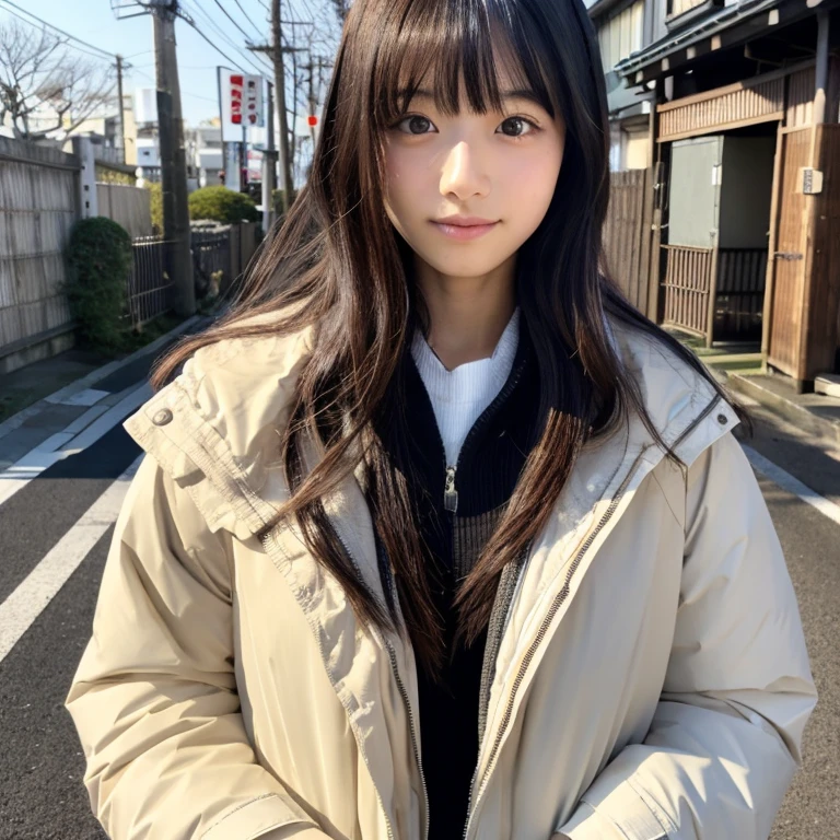Wearing a down jacket、Japan Beautiful Girl、17 age、
