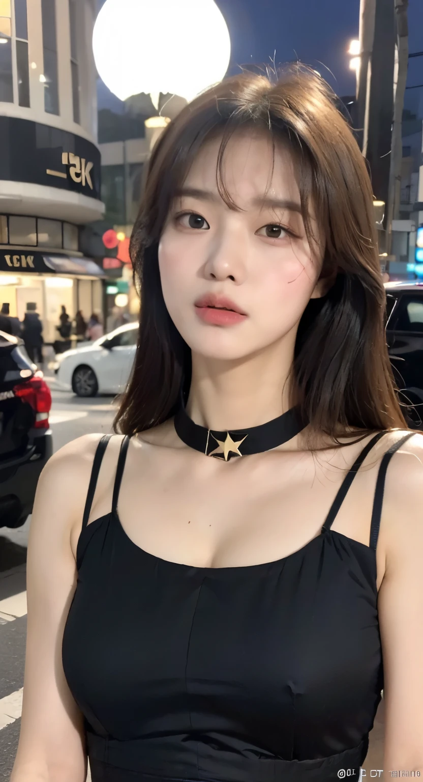 (1 Korean star with royal sister style), ((best quality, 8k, masterpiece: 1.3)), focus: 1.2, perfect body beauty: 1.4 , (funny expression), (night street: 1.3), highly detailed face and skin texture, fine eyes, double eyelids, whitened skin, (air bangs: 1.3), (round face: 1.5), (thin strap top: 1.4),