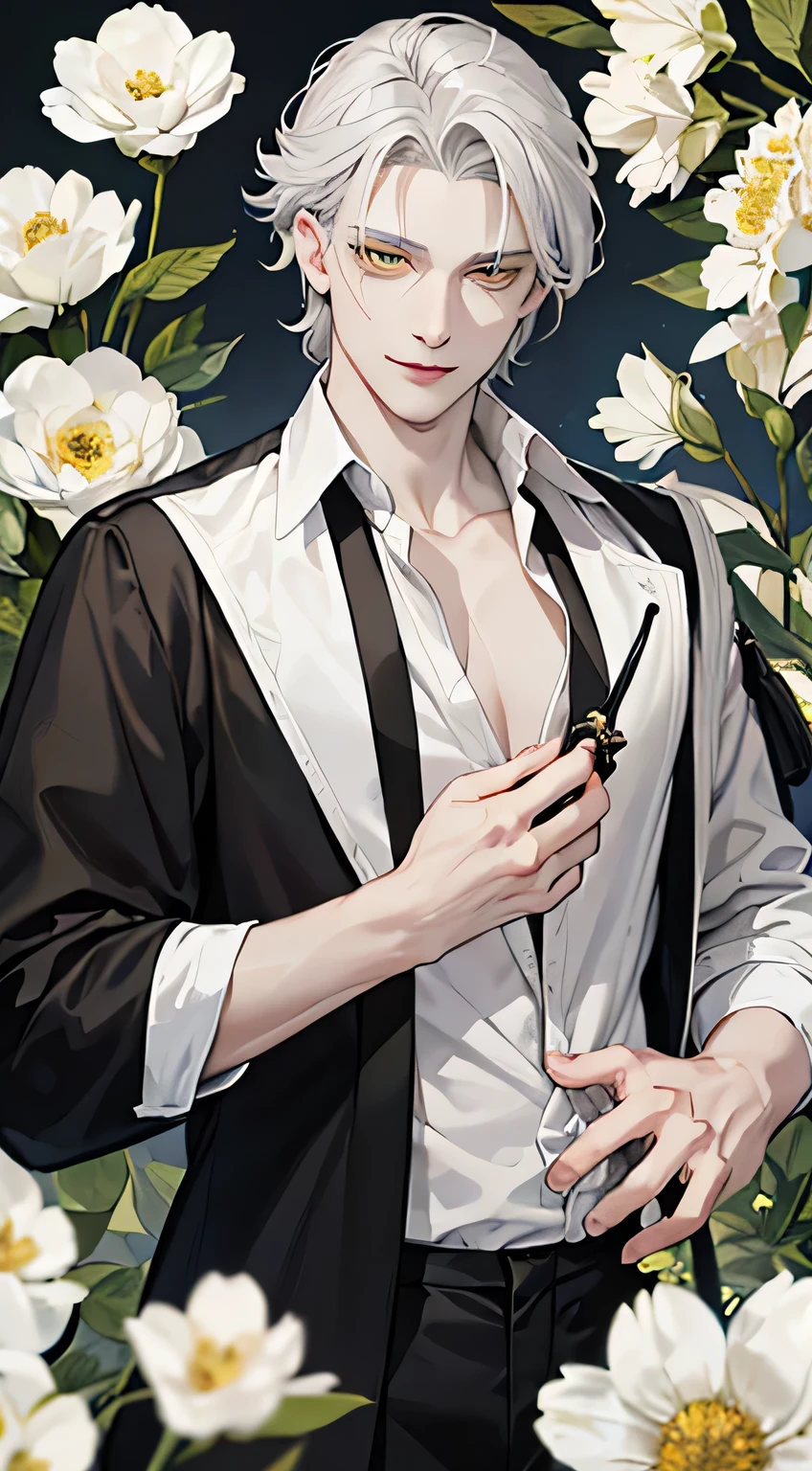 1 male, 48 years old, pale skin, Silver hair, Dishevelled, Yellow eyes, amber eyes, black and gray clothes, half-unbuttoned shirt, Flowers, Potions, mage, herbalist, Maniac smile