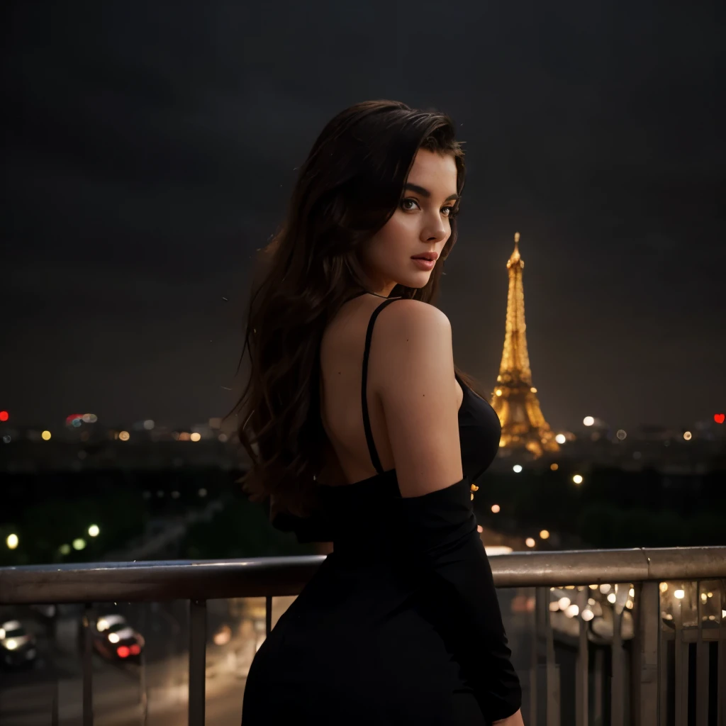 Beautiful young woman, similar to Marilyn Monroe but Brown long hair, back shot, Paris Eiffel tower , high detail, dark atmosphere, hyper-realistic photography, cinematic quality, high detail, black dress arms opened