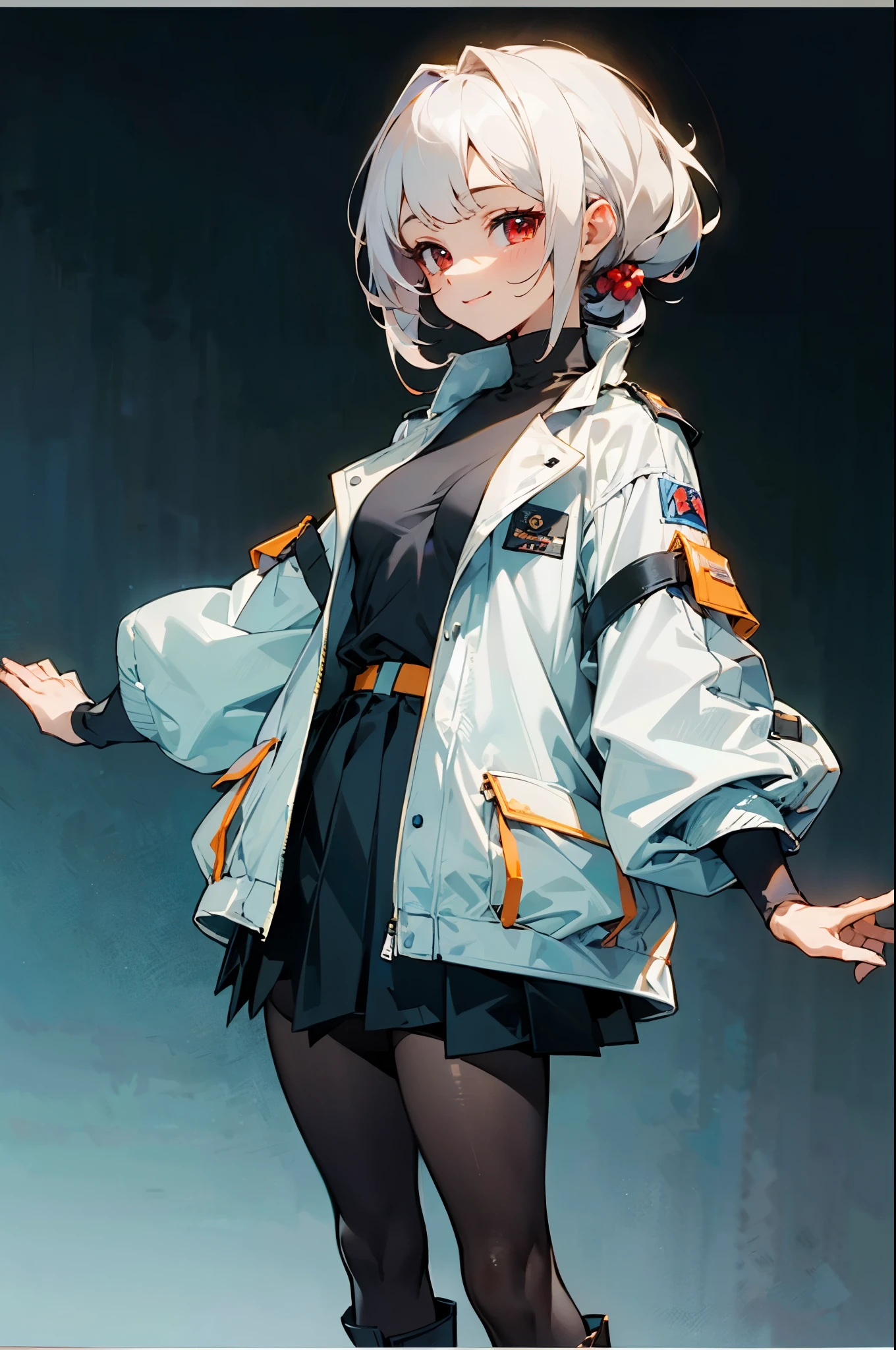 masterpiece, best quality, 8k, ultra detailed, a woman, smiling, (concept art, official art,full body), simple background, ((1) chignon)), white hair, red eyes, asymmetrical bangs, slender, (futuristic uniform), ((black pantyhose)), (((white) long boots)), pleated skirt, white jacket, (red frame) wayfarer glasses, (black) turtleneck, 18years old, cute,