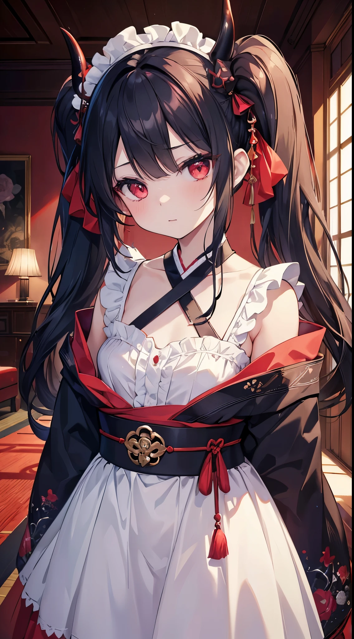 (8K、Top image quality、top-quality、masterpiece)、A detailed face、1 girl in、A dark-haired、twintails、demonic horns、Pointed ears、red eyes、expression、Smaller chest、kimono maid、cross arms in front、cowboy shot、Luxurious room、Lounge background