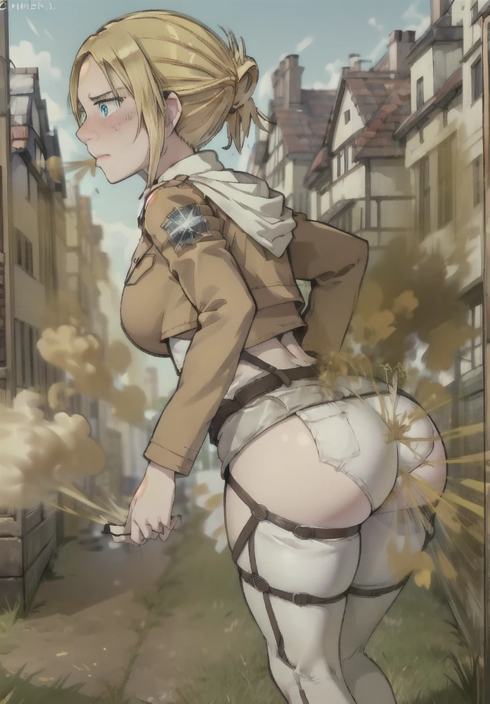 ((annie leonhart)),((velocity)),Attacked by farts, (((Women stand)),biting his lip,velocity,((classic city ,)),((One Woman)),((fart while stand),her butt facing screen,fullbody,blue eye,detailed eyes,blushing)),(masterpiece:1.2、top-quality)、(the Extremely Detailed CG Unity 8K Wallpapers、ultra-detailliert、Best Shadows)、(细致背景)、(The best lighting、extremely delicate and beautiful)、depth of fields、1girl in、独奏 ,Women wear scout outfit,Ephemeral,,(blonde),(scout regiment outfit)),((((Girl embarassed when she smells the bad smell of farts)))),outfit like a scout regiment,((((profile facing diagonally)),((massive fart))