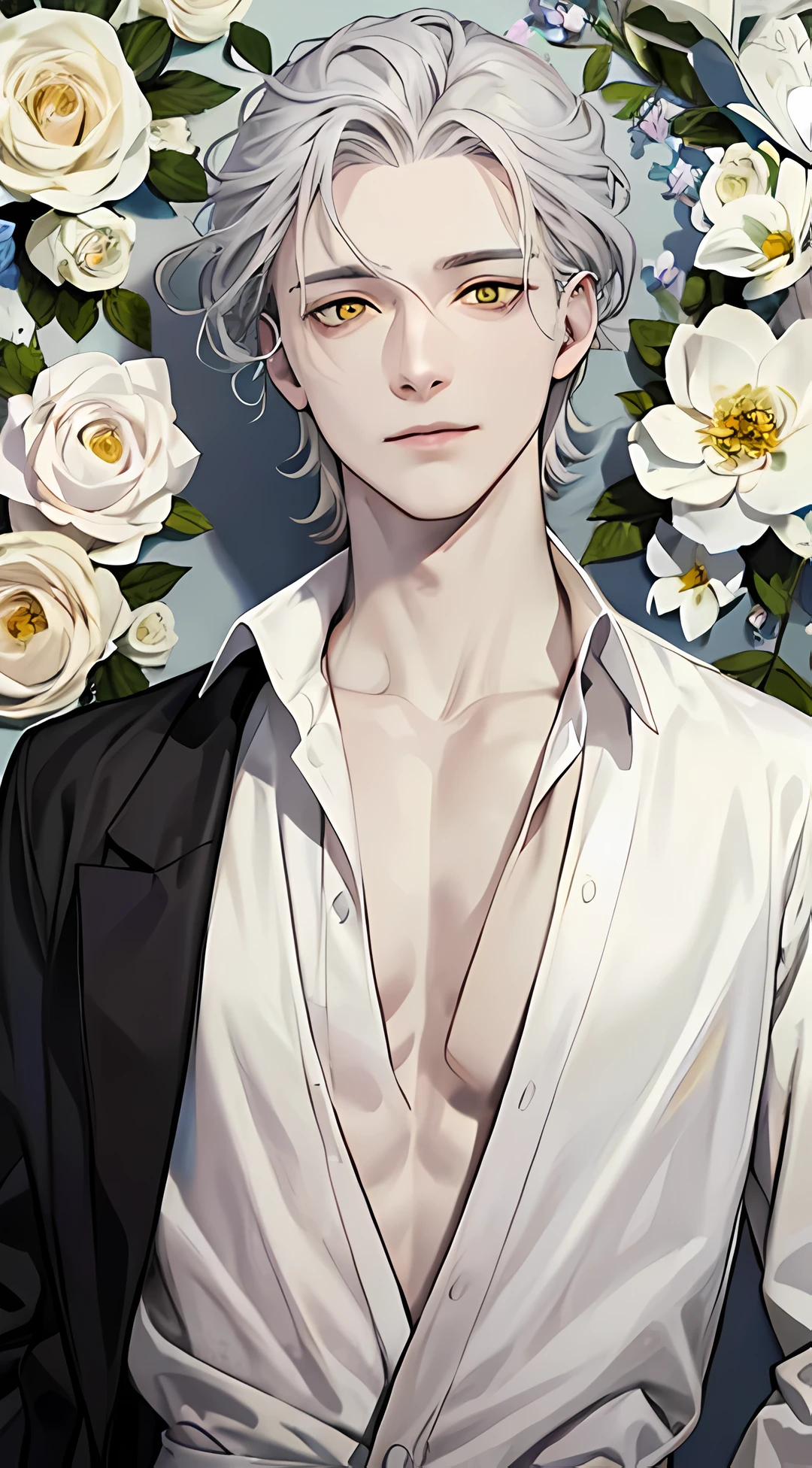 1 male, 48 years old, pale skin, Silver hair, Dishevelled, Yellow eyes, amber eyes, black and gray clothes, half-unbuttoned shirt, Flowers, Potions, mage, herbalist, Maniac smile