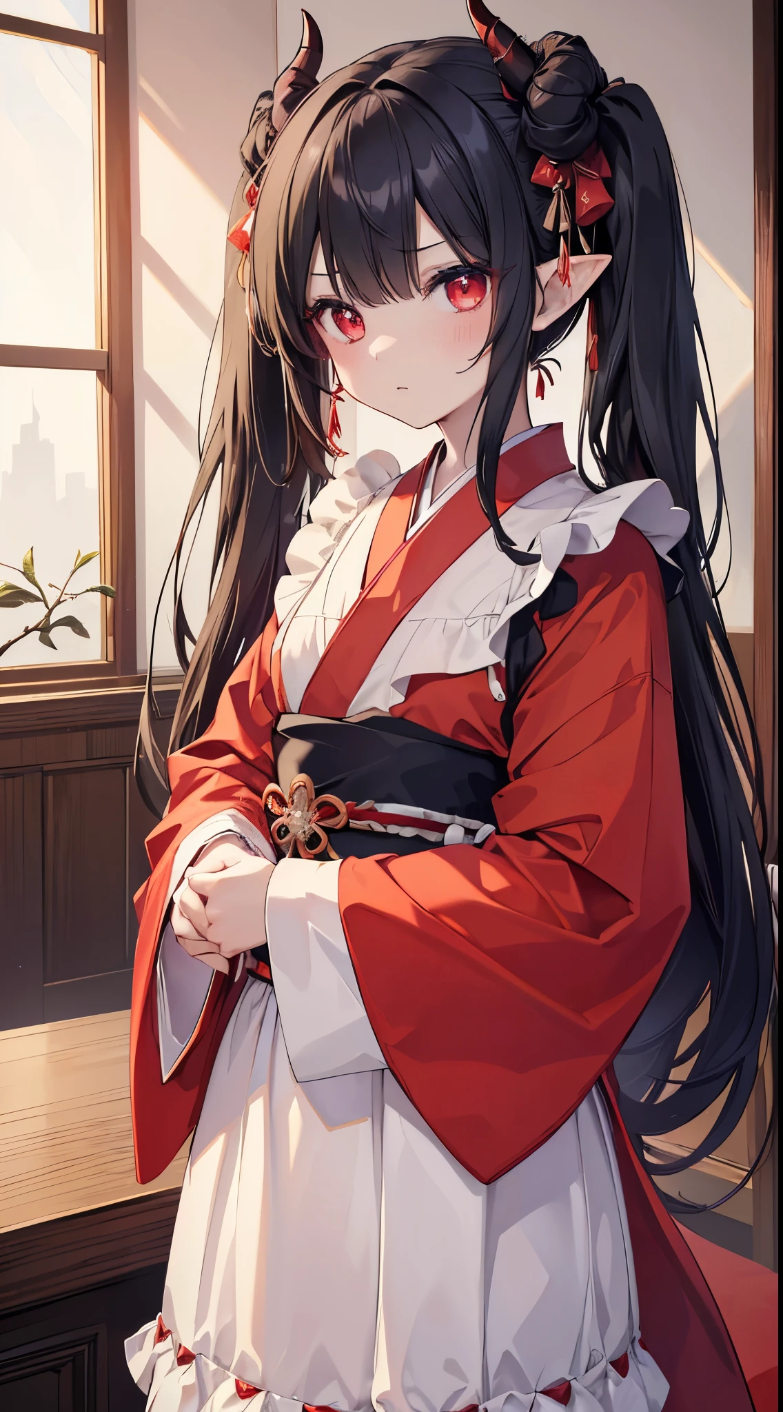 (8K、Top image quality、top-quality、​masterpiece)、A detailed face、1 girl in、A dark-haired、twintails、demonic horns、Pointed ears、red eyes、expression、Smaller chest、kimono maid、red kimono、White apron、cross arms in front、cowboy  shot、Luxurious room、Lounge background