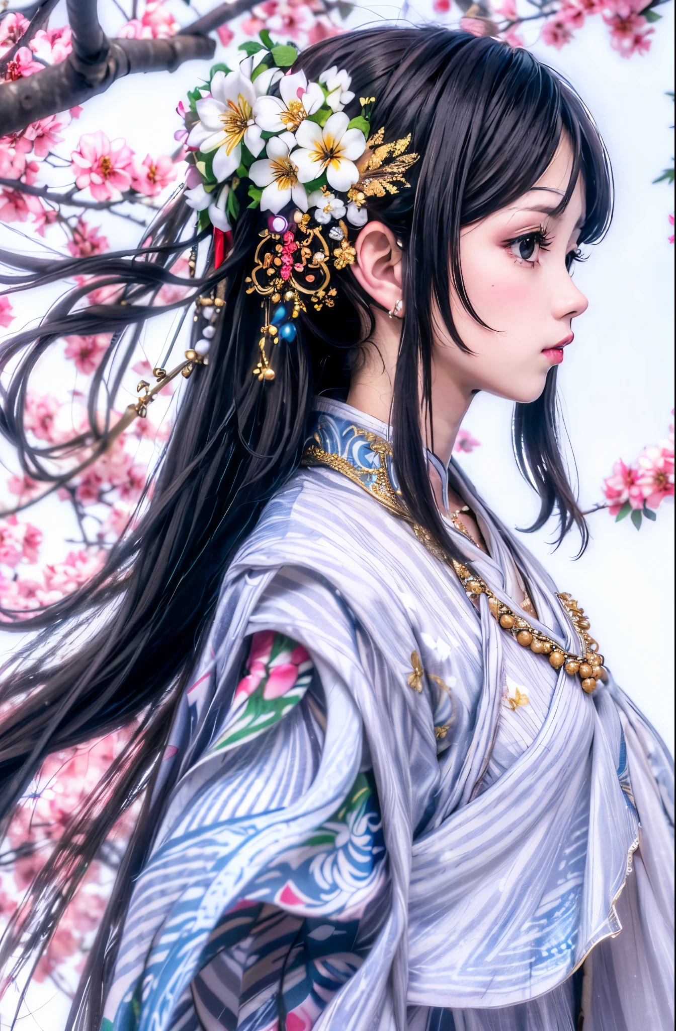 1girl, closed mouth, flower, Costume, hair flower, hair ornament, lily \(flower\), long hair, Flying cherry blossoms, profile, background, solo, Elegant color, upper body, fresh and background, white flowers
