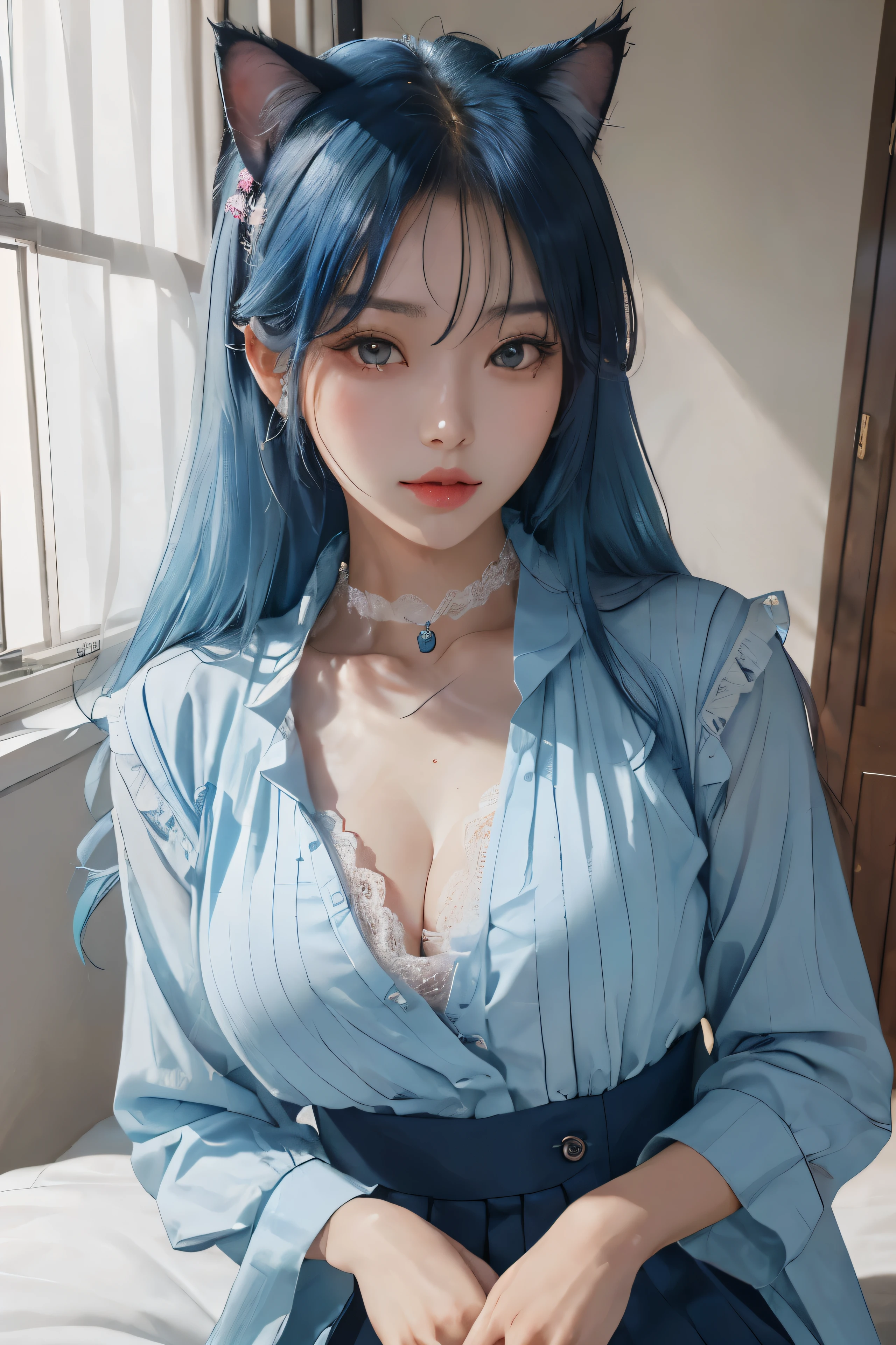 (tmasterpiece, The best_quality, ultra - detailed, 8K, hyper HD, flawless perfection:1.latin blue hair, blue hairs,cat woman,, Cat ears, glowing pink eyes, the shy, Compliant, face flushed, Wet oily skin, on top of the bed, bigger胸老婆, heart tattoo above, , bigger腿粗, Beautiful hip curve, 巨bigger, thicc, skin tight, scantily clad, Lace, collars, face to the viewer, janelas, Bedrooms, midynight, sexy for,,Japan goddess, Cardigan shirt, Korean girls, 美丽的asiagirl, V-shaped bust clothes, low chest,巨bigger,Expose the upper half of the chest,not compact,下垂的bigger胸,gorgeous chinese models, gorgeous young korean woman, model in Japan, Thick lips,duck mouth,asiagirl, beautiful young korean woman, in blouse wearing, beautiful Korean women, 坐on top of the bed, watching the future,巨bigger,bigger,Upp,frontal photos,super closeup,facing at the camera,Take photos carefully