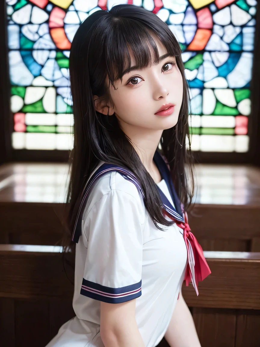 (Two beautiful Japanese schoolgirls, 18 and , (Two high school girls in short-sleeved white sailor suits:1.5), Japan strict girls' school sailor uniform, (Two schoolgirls sitting in a church pews:1.5), Beautiful and elaborate stained glass on the background, 1screen, 8K, RAW shot, top quality photo, masterpiece, Amazing realism photos, Anatomically correct proportions, perfectly proportions, A cute high school girl like a Japanese idol, Detailed face, Detailed eyes, Narrow Nose, Detailed nose、Detailed lips、Detailed hands and fingers , detailed arms, Detailed skin, Detailed legs, short torso, Slender body, shiny long hair, Big breasts that seem to break through the uniform, Body Fit Sailor Suit、(High school girls staring at each other:1.5)、Schoolgirl with long and short hair、two very cute women, (Close your eyes and kiss:1.8), (Lips touch:1.5), tightly hugging, lesbian, (Lustful), ((facial close-up:1.5)), (Shooting from the chest up:1.5)