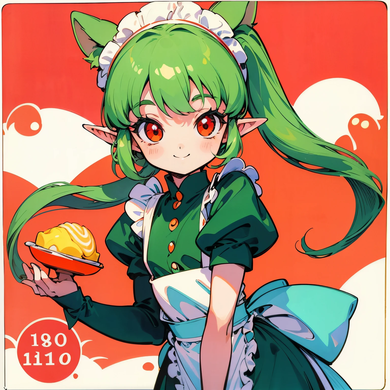 hightquality、Green Twin Tail、Elven ears、Red Eyes、small tits、Small buttocks、Cute smile、Turn to me and smile、A mischievous smile、maid clothes、Omurice、((1980s style))、Chibi