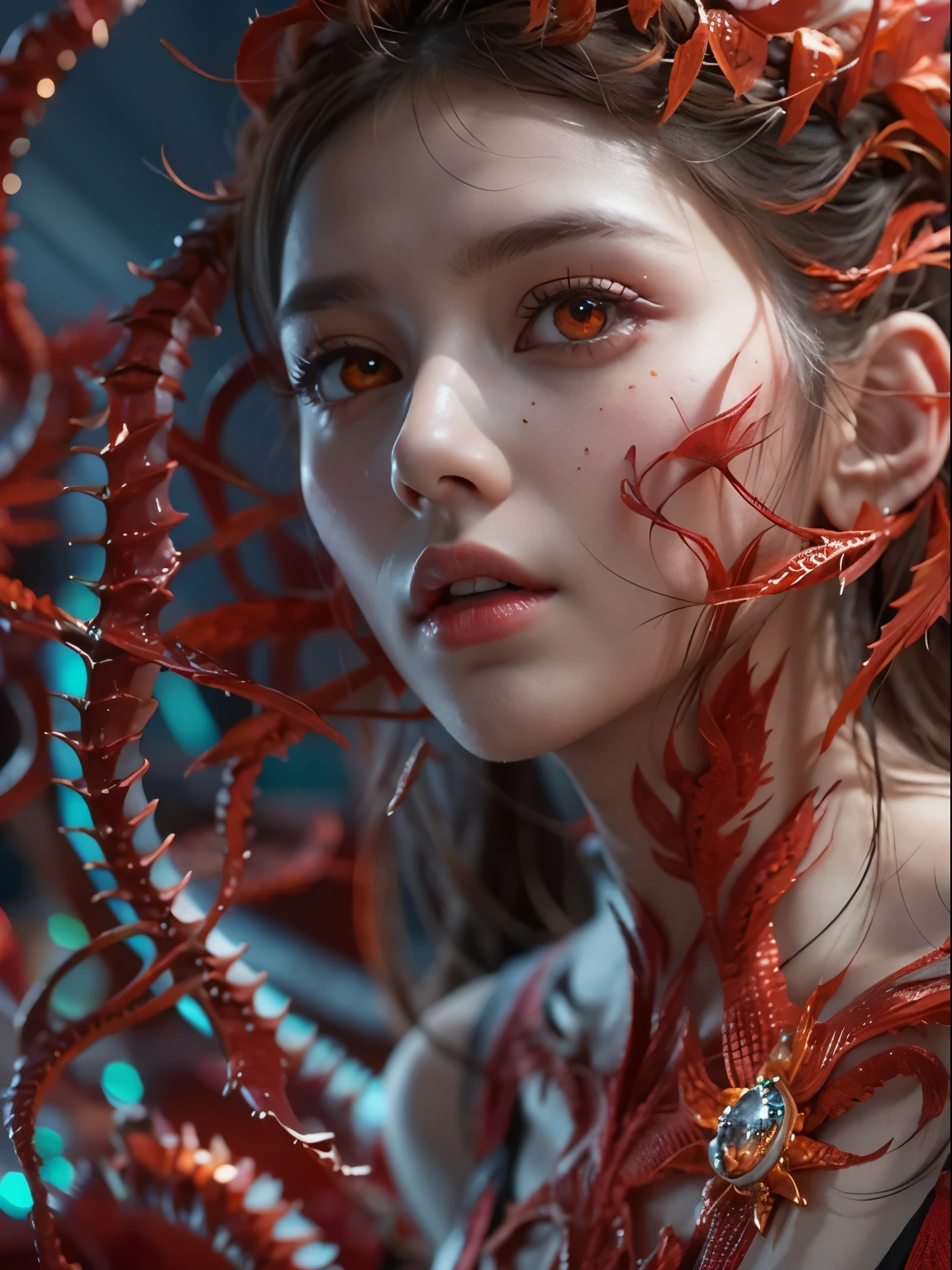 Female Alien, Beautiful face, seduces, red eyes, Full body like, A sexy, alien, No humans, an alien, cells are fused, Multiple hands, Lots of blue tentacle skin:1.5), extraterrestrial, cell, bio image, 魅惑的, Best Quality, 8K,,4K_quality, high_Definition,Dramatic Lighting, masutepiece:1.5,cinematic quality, detail up, Intricate details:1.2, 超A high resolution, High Definition, drawing faithfully, (Thick eyebrows:1.2), (Big scarlet eyes:1.6), Beautiful eyes with fine symmetry, (Ultra detailed eyes:1.2),(Highly detailed face and eyes:1.2), (High-resolution red-eye:1.4), Intimate face, (ultra detailed skin texture:1.4), Perfect Anatomy,  (Beautiful toned body:1.5),  (Moist skin:1.2), No makeup, (dark circles:1.1),