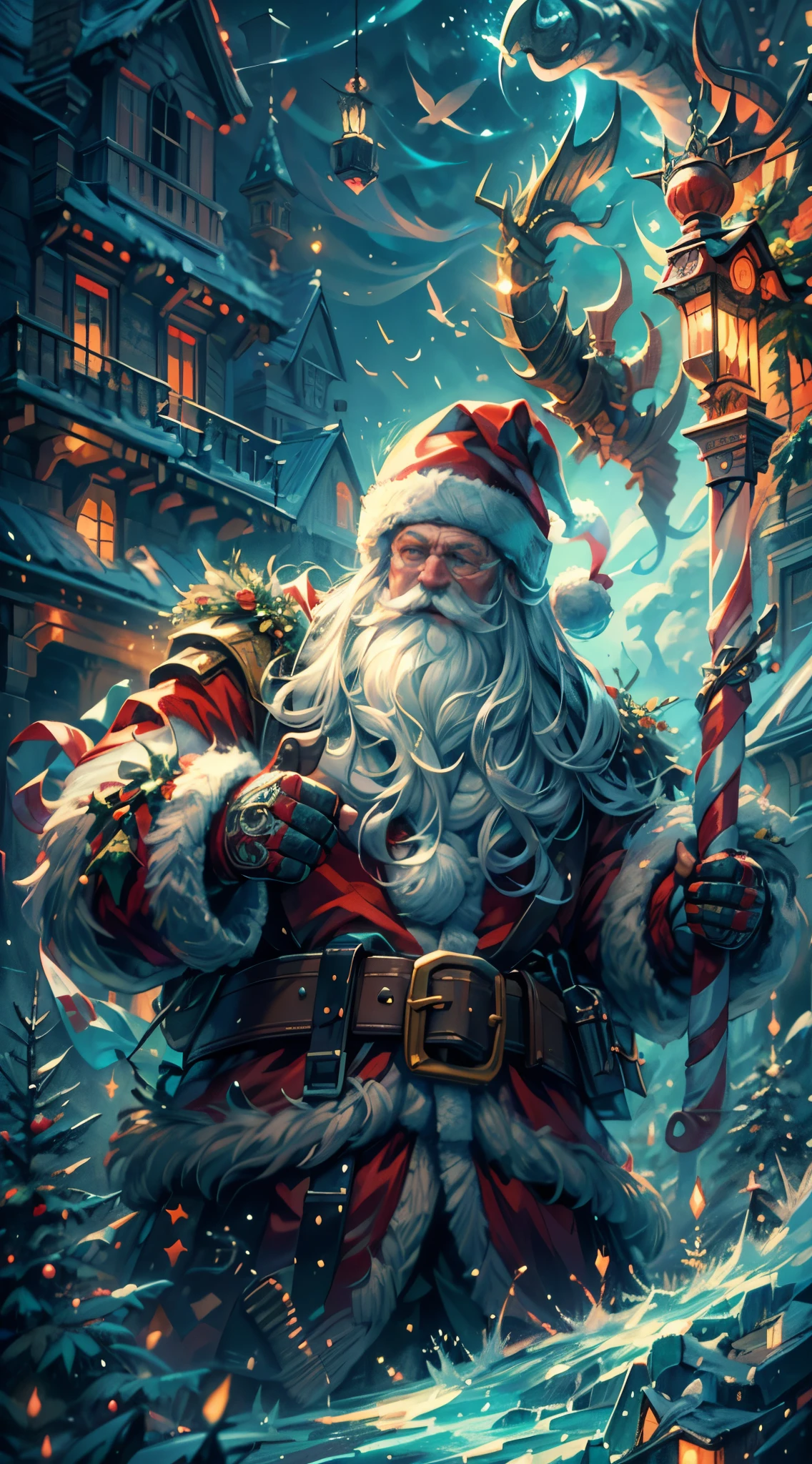 (best quality,4k,8k,highres,masterpiece:1.2),ultra-detailed,(realistic,photorealistic,photo-realistic:1.37),Santa Claus as a boss of the game Dark Soul in the Christmas DLC, (muscular), (holding a giant candy cane), Santa suit mixed with fantasy Dark Soul armor, detailed face with a long white beard, intense eyes glowing with a magical light, sinister smile, realistic shadows and highlights, eerie dark ambiance, vibrant colors, intricate details on the armor, unique combination of Christmas and dark fantasy elements, captivating and dynamic composition, epic and intimidating presence, glowing runes on the armor, intricate ornaments on the Christmas tree, ethereal glow surrounding Santa Claus, majestic and powerful, ready to bring joy and despair to the game's players,,surrounded by a snowy landscape,with large icicles hanging from the environment,casting a golden aura,[epic battle scene],intense fire and smoke effects,[vivid colorokeh],blue and white color scheme with hints of gold, dramatic lighting with warm highlights and cool shadows.