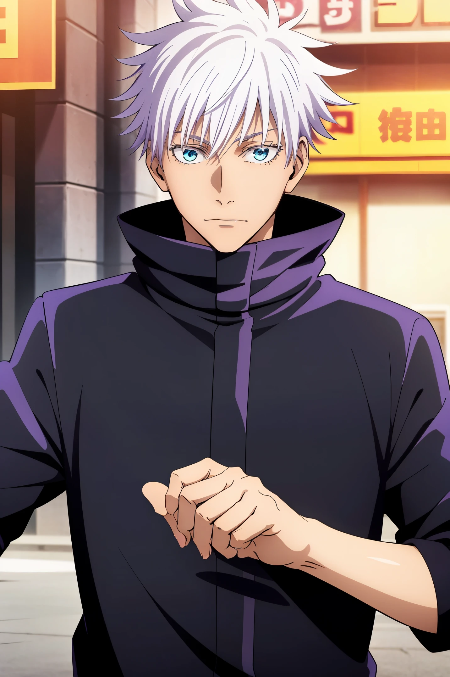 best quality, ultra high res, Gojo Satoru, Jujutsu Kaisen, looking at viewers, standing, white hair, spiked hair, blue eyes, black jacket , popped collar, outdoors, male focus, upper body, stylish_pose, hands,