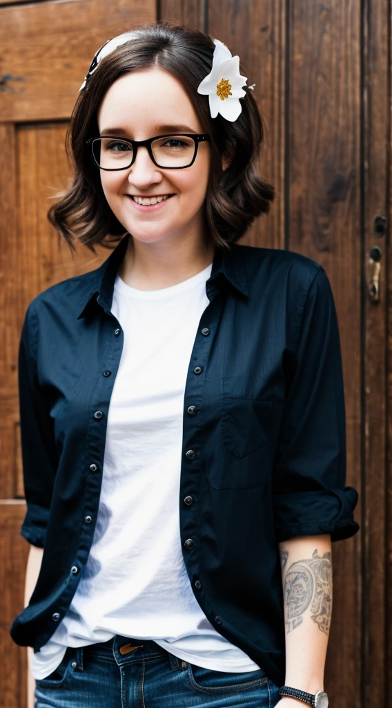 smiling woman with glasses and a black shirt and jeans with a white flower in her hair, short petite body, this person does not exist, cute slightly nerdy smile, lena dunham-sarah drew-maci bookout merged, entire body visible, full body, hyperrealistic, real human skin, best quality, 8K, masterpiece, extremely intricate, detailed eyes, detailed face, detailed body, exaggerated features, pronounced features, fujifilm