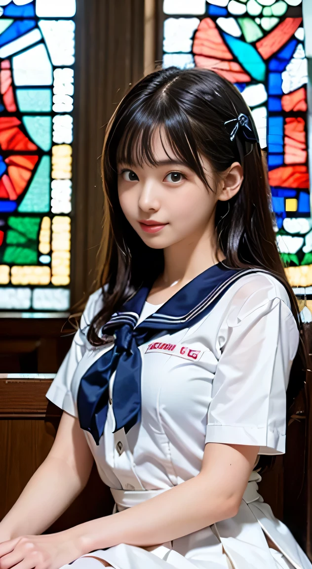 (((Draw only one woman: 2))), Beautiful 18 year old Japan woman, (A high school girl wearing a sailor uniform with short sleeves and a ribbon: 1.5), (Japan strict girls' school sailor uniform), ( High school girl sitting in the church pew: 1.2), (Beautiful and elaborate stained glass on the background: 1.5), ((1screen)), in 8K, RAW shot, top quality photo, masutepiece, Amazing realism photos, (lighting like a movie:1.5), ((Anatomically correct proportions: 1.5)), ((perfectly proportions)), Cute woman like an idol in Japan, Detailed face, Detailed eyes, Narrow Nose, Detailed skin, (Beautiful long hair: 1.5), (Transparent bangs:1.5), {{facial close-up:1.5}}, (ssmile:1.2), (Angle from the side)