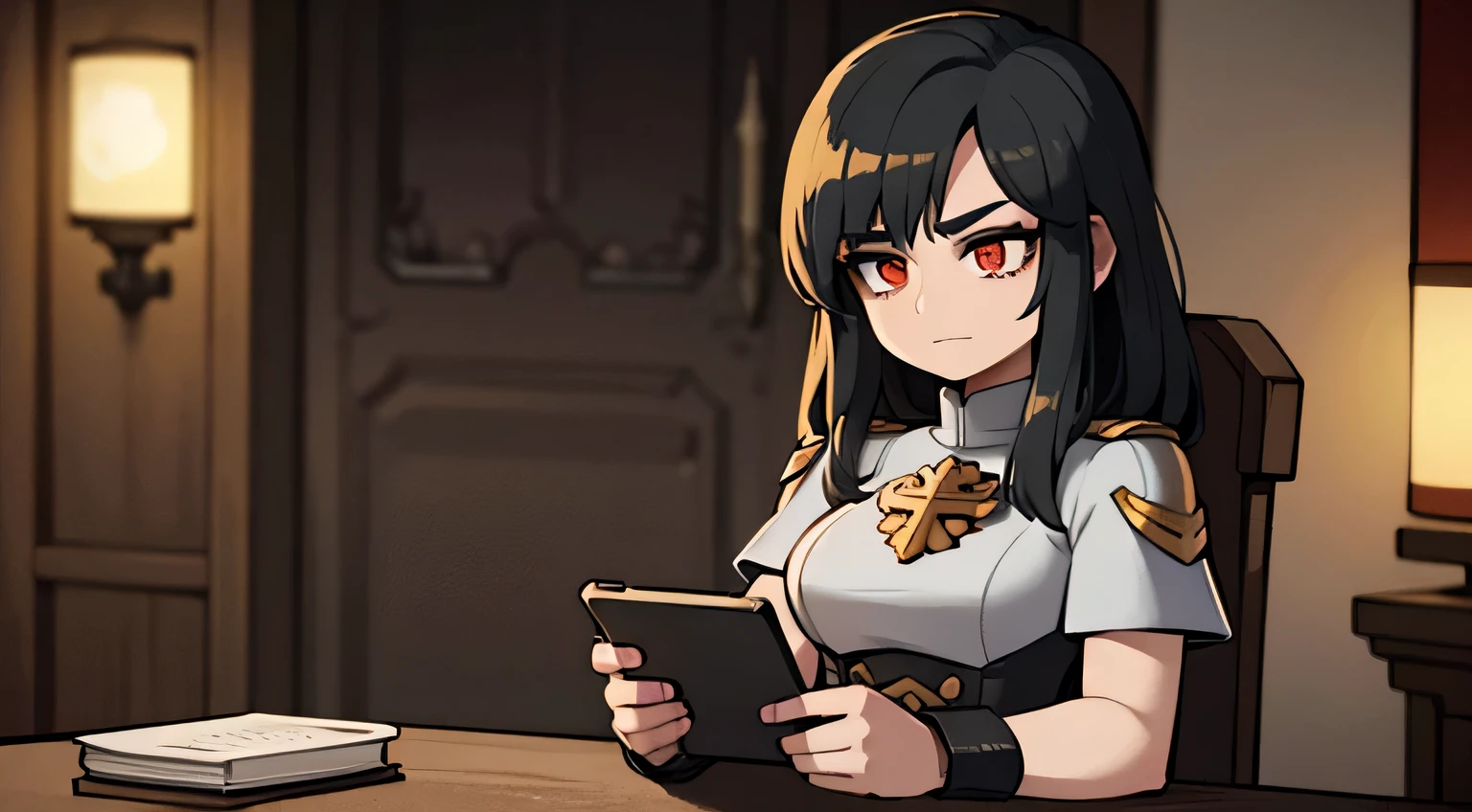 Female inquisitor with dark hair sitting in an comfortable chair reading stories from a digital tablet based on the warhammer 40k universe sitting in a dark library