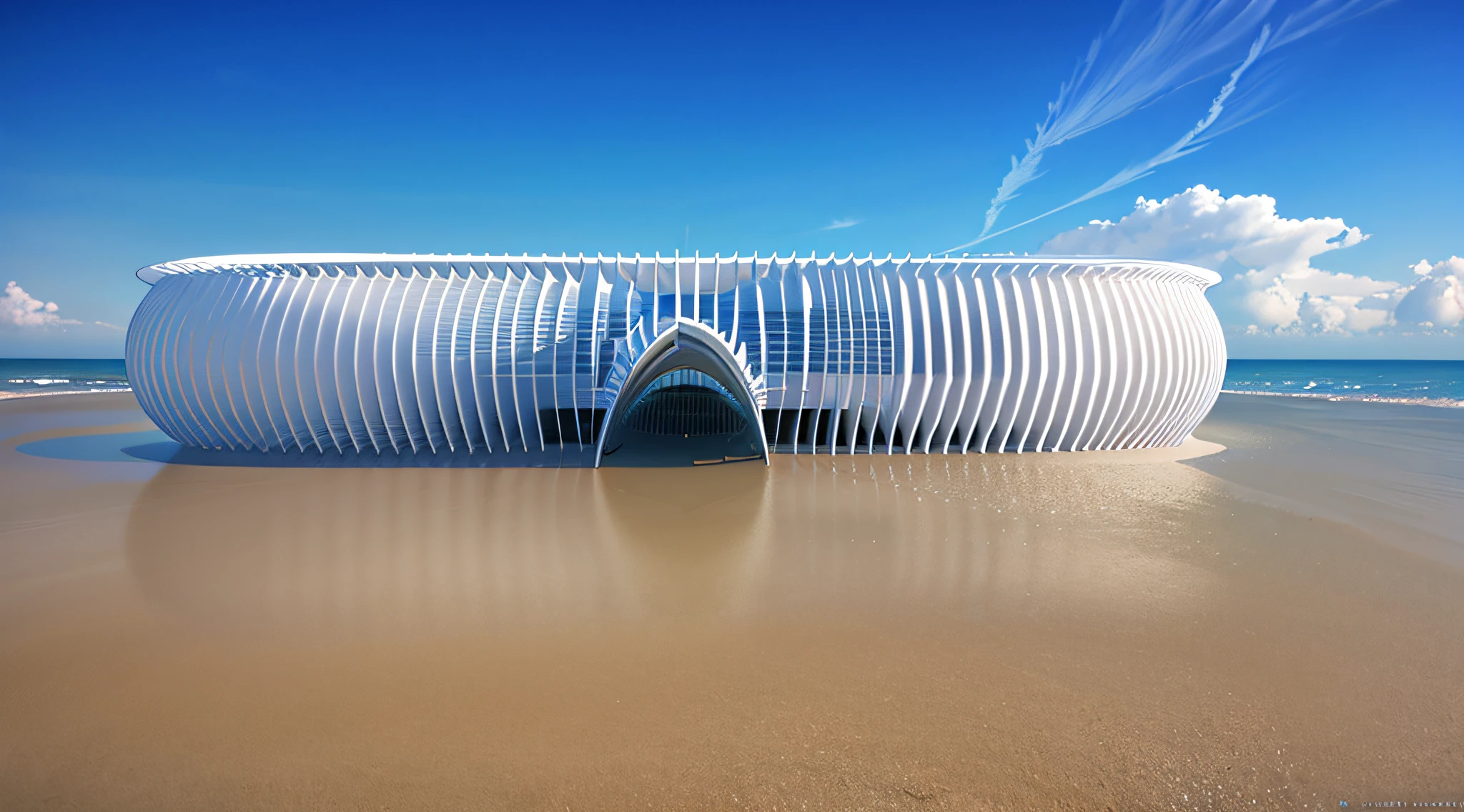 arafed structure with a cross on the top of it on a beach, architecture render, highly photographic render, photographic render, with 3 d render, with 3d render, front perspective, physical based render, architectural render, 3d rendered model, architectural concept, conceptual rendering, rendered 3d model, rounded roof, parametric structure, detail render