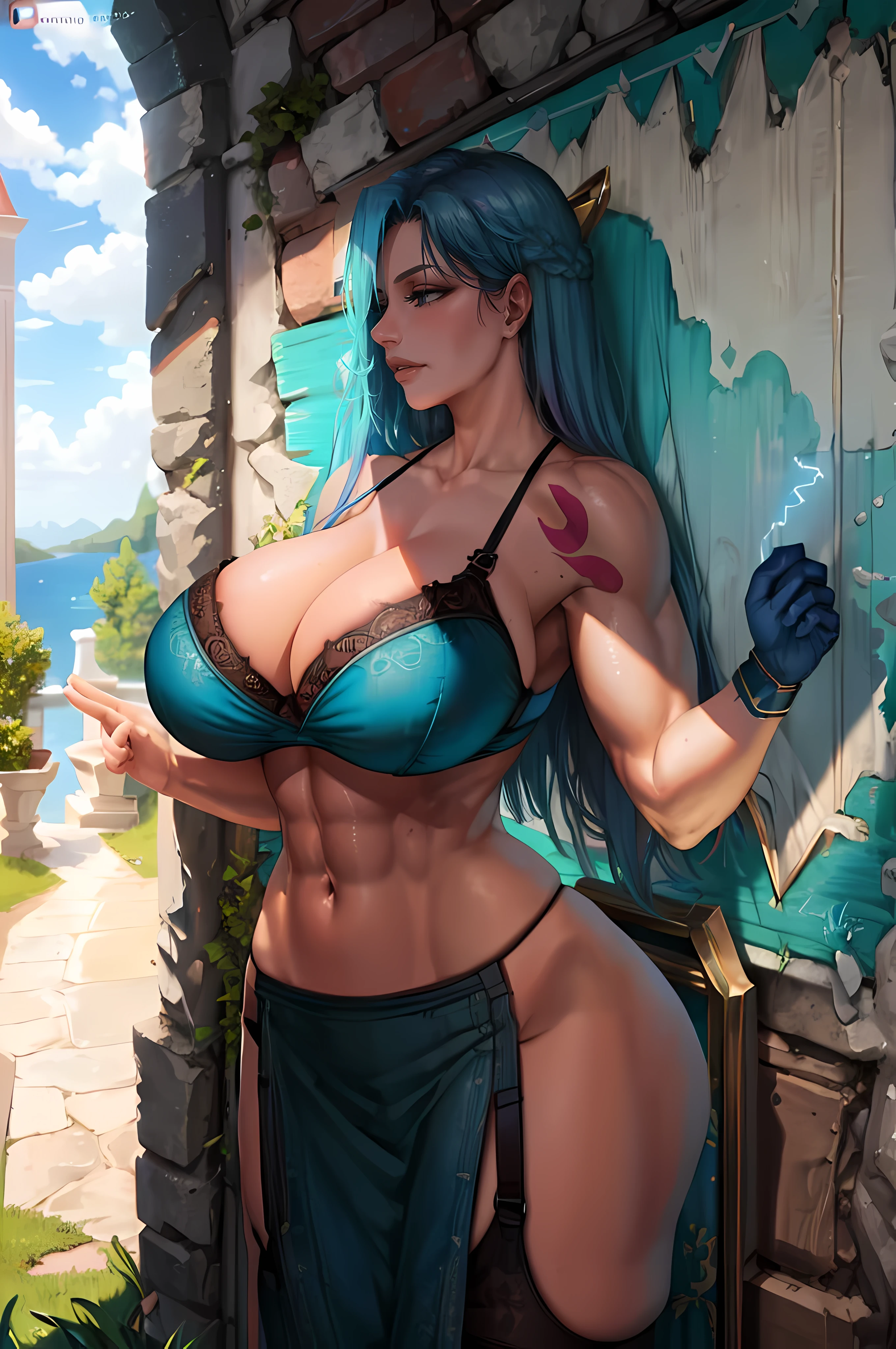 beautiful, (masterpiece:1.2), (best quality:1.2), perfect eyes, perfect face, perfect lighting, 1girl, cyan bra, cyan panties, Rainbow hair, blue eyes, bra, breasts, electricity, garter belt, gloves, lace, lace-trimmed bra, lace trim, Massive Huge breasts, clouds, long hair, panties, solo, underwear, (((huge muscles)))
