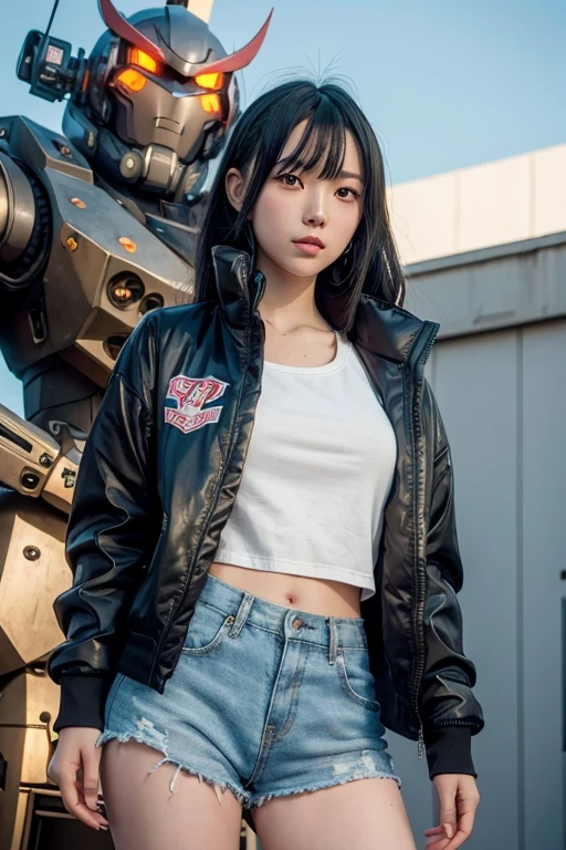 Anime girl in short shorts and jacket standing next to a giant robot, artwork in the style of guweiz, Cyberpunk anime girl mecha, Trending on CGSTATION, guweiz, By Russell Dongjun Lu, Digital Cyberpunk Anime Art, ross tran 8 k, guweiz on artstation pixiv, Girl in Mecha Cyber Armor