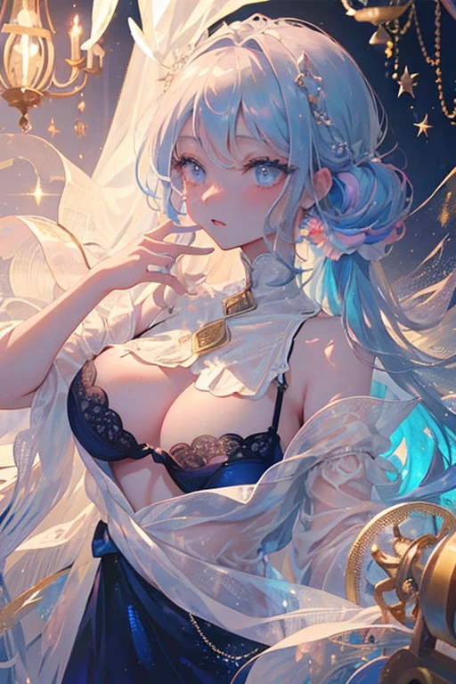 Soft FoCight Gradient Watercolor :1.5, Lens Flare:1.5 , Glitter :1.5), Glow , Dreamy , White background、grid , Colorful, girl、((extremely detailed eye:1.5)),((Face Focus:1.5)),(((masterpiece、top-quality、top-quality、watercolor paiting)))(Curly)、Official art、Beautifully Aesthetic:1.2)、eye glass:1.5、(4girl:1.5)、(Fractal Art:1.3)、colourfull、((Ultra-detailed retina:1.5))、embarrassed from、(Midriff)、((Super Detail Eyes:1.5))、(Irridescent colorの髪、colourfullな髪)、((the Extremely Detailed CG Unity 8K Wallpapers、masterpiece、top-quality))、((Ultra-detailed細:1.2))、(The best lighting、Best Shadow Very delicate and beautiful)、(the Extremely Detailed CG Unity 8K Wallpapers、masterpiece、best qualtiy、Ultra-detailed細)、(The best lighting、Best Shadow Very delicate and beautiful)、(the perfect body:1.5)、{{{{Dazzling brilliance}}}}、Rainbow Bridge、(masutepiece:1.2), Best Quality, (Illustration:1.2), (Ultra-detailed), hyperdetails, (delicate detailed), (Intricate details), (Cinematic Light, top-qualityのバックライト), solo women, Perfect body, (4girl), (Best Illumination, extremely delicate and beautiful), Cinematic Light、【emblem:Irridescent color 】、blue open sky、Sunnyday、A charming, Sheer, sexy-S 100, seductive lingerie camisole、a close up of a woman's underwear with a Bra and panties, bright blue shiny lingerie, lingerie, lingeries beauty, Sheer underwear, laced lingerie, lingerie!!, Bra, wearing sexy lingerie, Bralette, captivating and enticing, harnesses and garters, tease, costume with blue accents, godesses, wavy lingeries, Cheeky, so sexy、there is a woman in a Sheery dress posing for a picture, けもの, see-through nightdress, full - length view, The whole picture, sheer fantasy dress, translucent dress, wearing a transparent nightgown, Full length view,see-through flowing robe, Sheer, flowing magic robe, long luxurious sheer gown、Nipples show through、pink areolae、show through、Braided hair、corolla、petal hair、poneyTail、Long、full bodyesbian、Ara with chandelier, table and chandelier々Nice room, # rokoko, Milky Palace, rokoko!, Elegant and glamorous, lavish rokoko baroque setting, Glamorous and elegant, Very luxurious, very magical and dreamy, in luminist baroque style, Elegant Baroque, dreamy aesthetic, Inside the palace, rokoko baroque