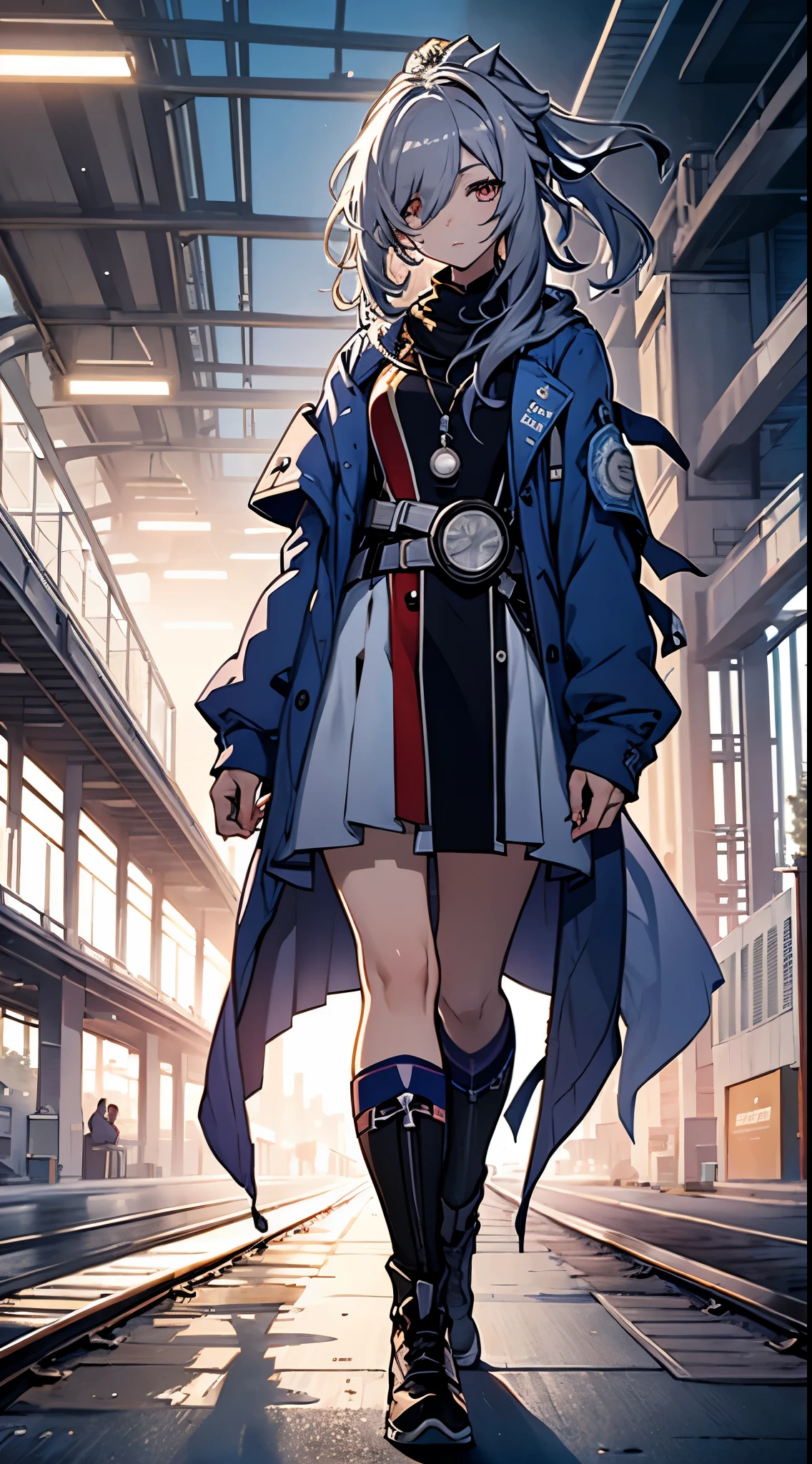 Exquisite masterpiece, best quality, illustration style, an anime girl with a curly ponytail, beautiful eyes, summer, sports outfit, blue-purple gradient goggles, small, heartwarming, youthful and beautiful, gray hair, presents a natural casual style. The dynamic posture contains the golden section, large aperture portrait, white space, strong contrast between light and shadow, super texture, super clear and concise picture, presenting extremely beautiful, elegant temperament, exquisite facial expressions, breaking dawn, railway station platform