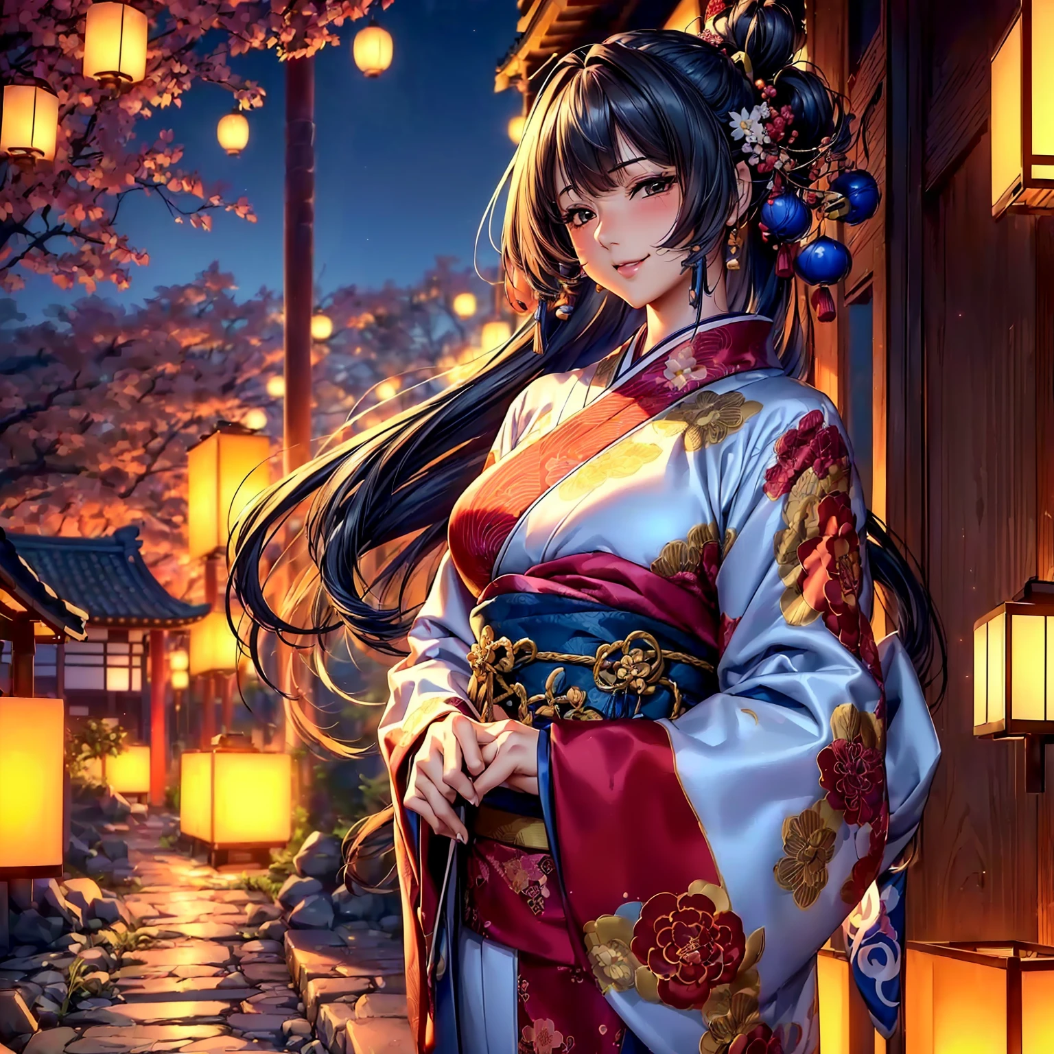 (top quality picture、masterpiece level、very high res、超A high resolution,High quality detailing)、(A 24-year-old beautiful girl with perfect and ultimate beauty..,beautiful breasts and figure,Beautiful body,美丽的面容,Strong-willed eyes,Have a bright smile,line of sight,Mouth opens:1.5)、(There are many variations of hairstyles,Bangs are neatly arranged,long straight hair on the side,Beautiful hair:1.2),lifelike textures,Beautiful colors,(She wears a Chinese-style kimono with beautiful colors.,Richly colored kimono,Wearing a Chinese-style kimono with beautiful colors and patterns,Wear a Chinese-style kimono with beautiful colors and patterns,Japanese decoration,Japanese hair,shoulders are exposed,I can see the cleavage, I can see the thighs.:1.2)(The wind is blowing,The wind blows and the long sleeves and obi of the kimono flap.,Hair flutters under the influence of the wind:1.2),Beautiful Japan garden,fantastic night sky and moon,Lanterns are lit,nighttime scene,Beautiful Landscapes,(The whole body,accurate anatomy、extremely detailed picture、Accurate images、Perfect Image 1.5)、beautiful anime woman, Beautiful Art Style, an animated character、(The whole picture、Detailed picture、Defect-free images、natural soft light、beautiful image),(Best Shot 1.2)