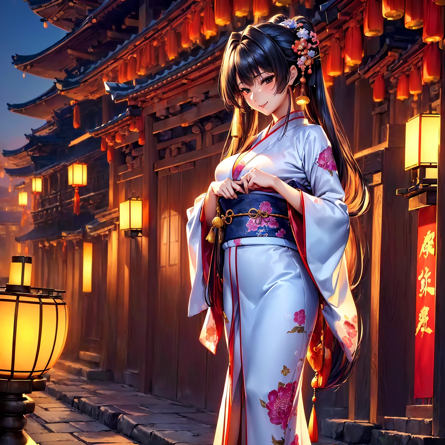(top quality picture、masterpiece level、very high res、超A high resolution,High quality detailing)、(A 24-year-old beautiful girl with perfect and ultimate beauty..,beautiful breasts and figure,Beautiful body,美丽的面容,Strong-willed eyes,Have a bright smile,line of sight,Mouth opens:1.5)、(There are many variations of hairstyles,Bangs are neatly arranged,long straight hair on the side,Beautiful hair:1.2),lifelike textures,Beautiful colors,(She wears a Chinese-style kimono with beautiful colors.,Richly colored kimono,Wearing a Chinese-style kimono with beautiful colors and patterns,Wear a Chinese-style kimono with beautiful colors and patterns,Japanese decoration,Japanese hair,shoulders are exposed,I can see the cleavage, I can see the thighs.:1.2)(The wind is blowing,The wind blows and the long sleeves and obi of the kimono flap.,Hair flutters under the influence of the wind:1.2),Beautiful Japan garden,fantastic night sky and moon,Lanterns are lit,nighttime scene,Beautiful Landscapes,(The whole body,accurate anatomy、extremely detailed picture、Accurate images、Perfect Image 1.5)、beautiful anime woman, Beautiful Art Style, an animated character、(The whole picture、Detailed picture、Defect-free images、natural soft light、beautiful image),(Best Shot 1.2)