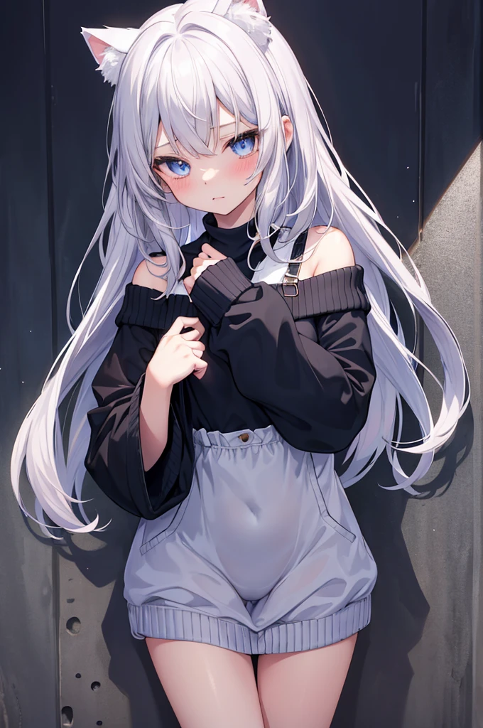 best quality, ultra precision, 1girl, cute, , young, boyish, childish, small breasts, silver hair, cat ears, blue eyes, beautiful eyes, girl, ecstasy, sailor collar, estrus, metestrus, start to undress, naughty mood, she loves you, sexy. lost virgin, virgin, blush, beautiful skin, big bow on chest I'm not wearing panties BLUE SWEATER, BLACK SHIRT, SHIRT UNDER SWEATER, OFF SHOULDER TOP)
