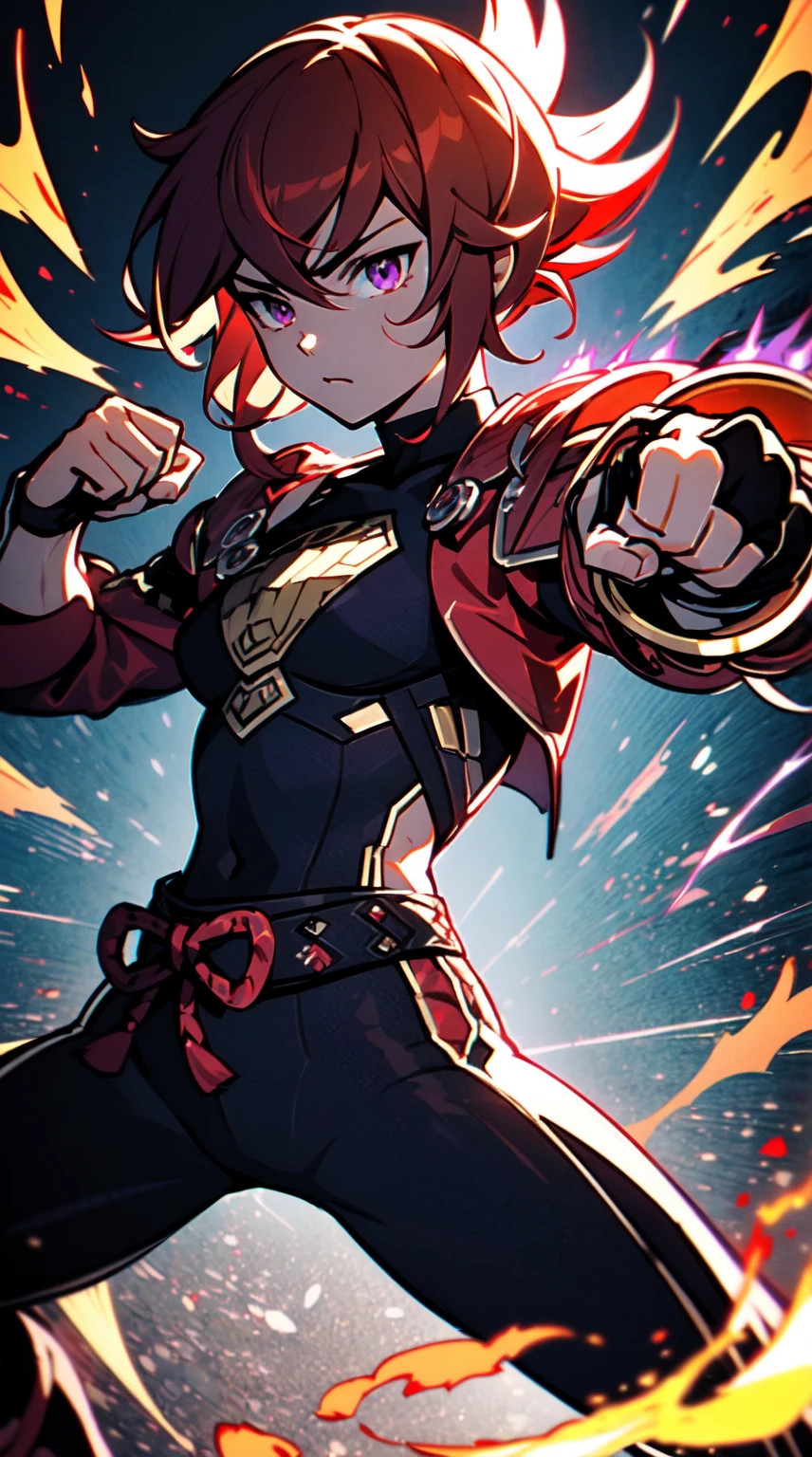 Ultra definition, masterpiece, best quality, Experienced fighter with dark red short hair, medium skin tone, A jacket and light armor red and black metallic Like kuki shinobu outfit, combat stance, Energy like purple flaming lightning emanating from the fists , sharp ocular posture, yellow eyes.  Waist line