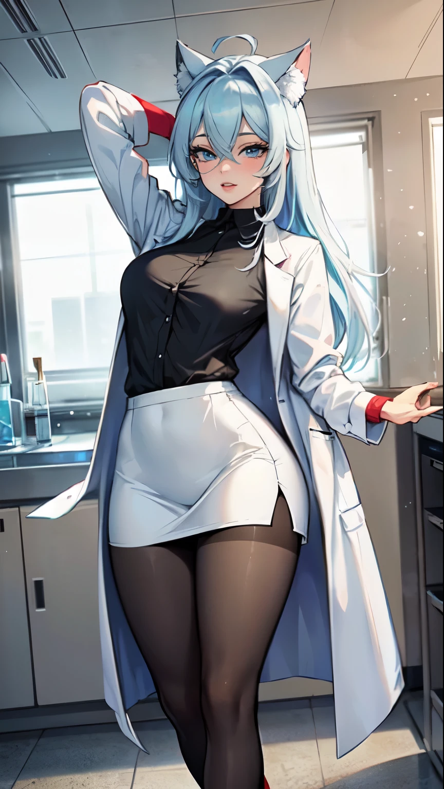 Masterpiece, beautiful art, professional artist, 8k, art style by sciamano240, very detailed face, detailed hair, detailed clothes, detailed fabric, 1girl, perfectly drawn body, beautiful face, long hair, light blue hair , very detailed blue cat eyes, wearing white lab coat, wearing black shirt with white stripes, white pencil skirts, black pantyhose, glasses, black high heel shoes, rosey cheeks, posing in lab setting, show details in eyes, full body view, cowboy shot, cute expression,