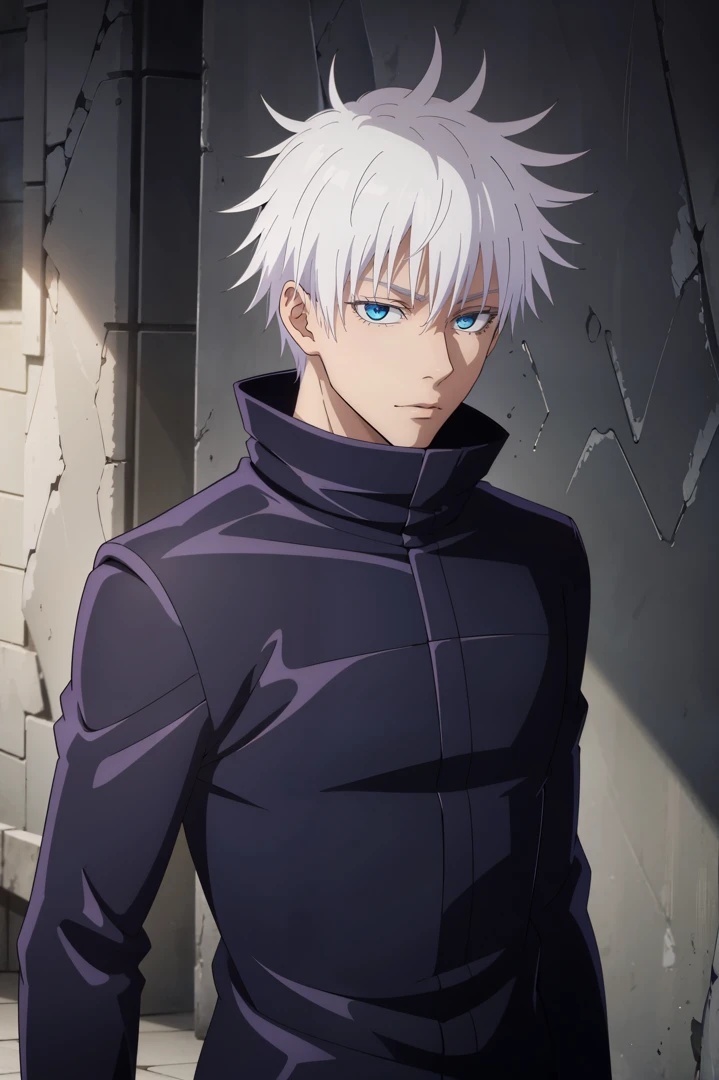 best quality, ultra high res, Gojo Satoru, Jujutsu Kaisen, looking at viewers, standing, white hair, spiked hair, blue eyes, black jacket , popped collar, outdoors, male focus, upper body, stylish_pose, hands,