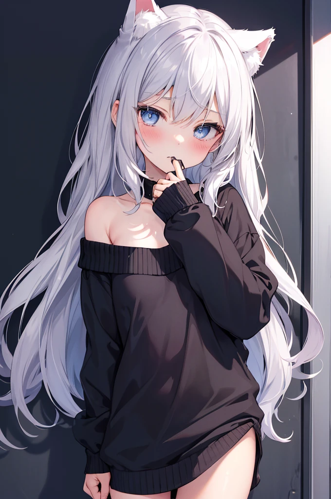best quality, ultra precision, 1girl, cute, little girl, young, boyish, childish, small breasts, silver hair, cat ears, blue eyes, beautiful eyes, girl, ecstasy, sailor collar, estrus, metestrus, start to undress, naughty mood, she loves you, lost virgin, virgin, blush, beautiful skin, big bow on chest I'm not wearing panties BLUE SWEATER, BLACK SHIRT, SHIRT UNDER SWEATER, OFF SHOULDER TOP) Tsundere leaning against the wall