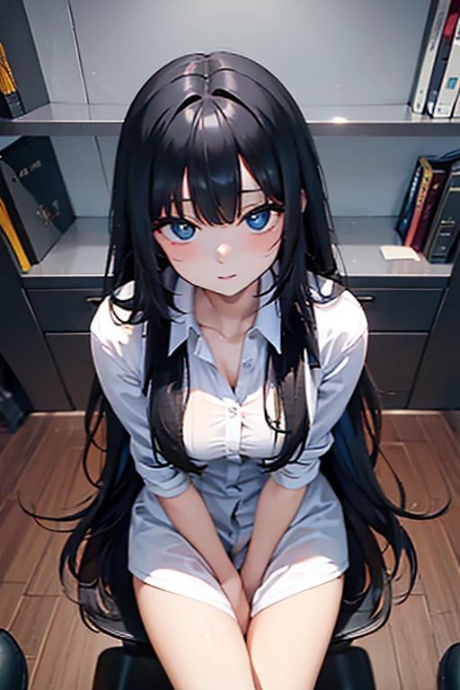 tmasterpiece），（beste-Qualit），（higly detailed），（illustartion），（extra high resolution)，one girls, gaze at the viewer, confusion，black hair, sexy, straight long hair，white shirt，Mature woman，huge tit，top down view，a closeup of a，Inside the room，bookshelves，desks，（Opening legs），（open shirt）