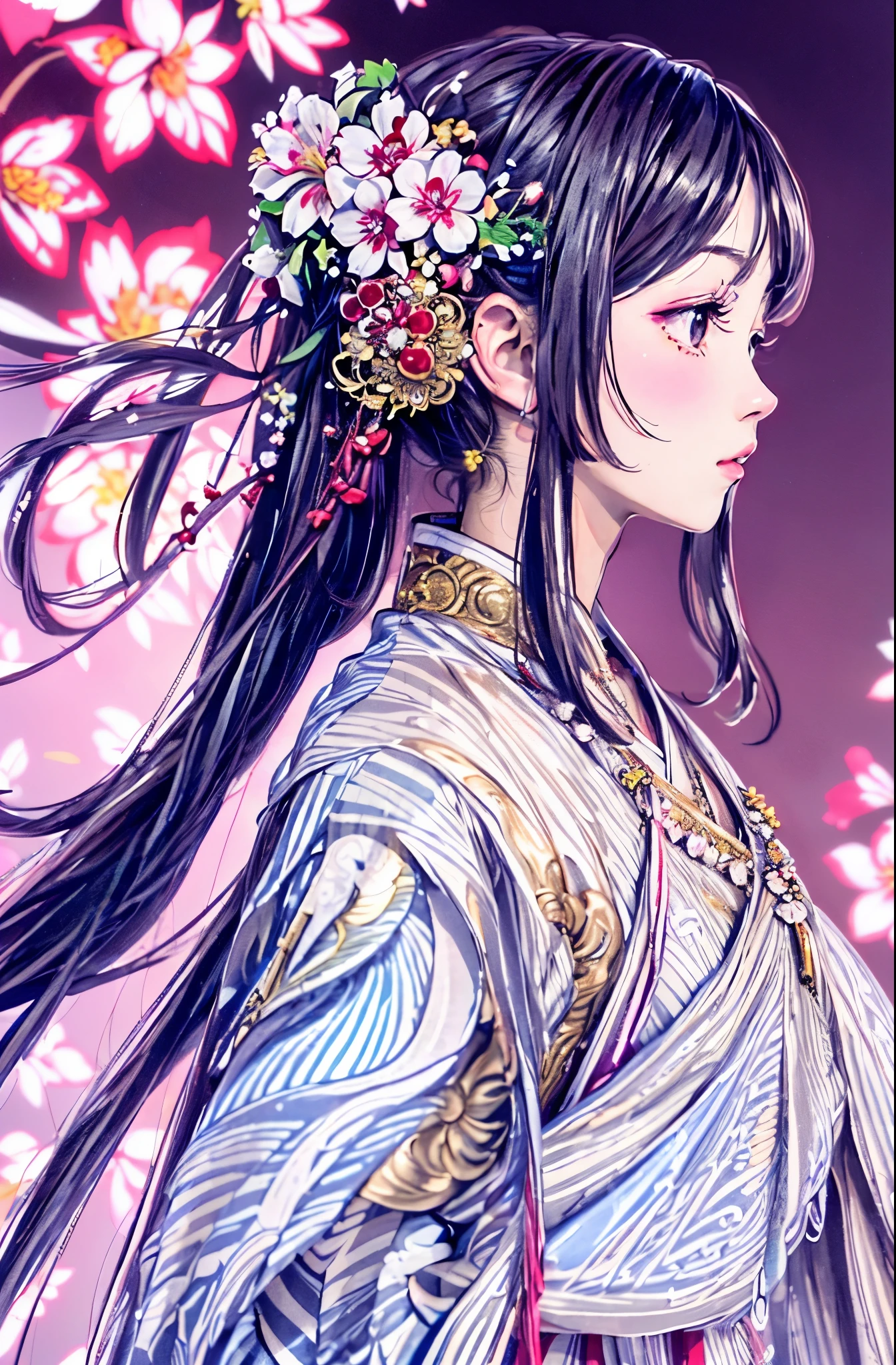 1girl, closed mouth, flower, Costume, hair flower, hair ornament, lily \(flower\), long hair, Flying cherry blossoms, profile, background, solo, Elegant color, upper body, fresh and background, white flowers