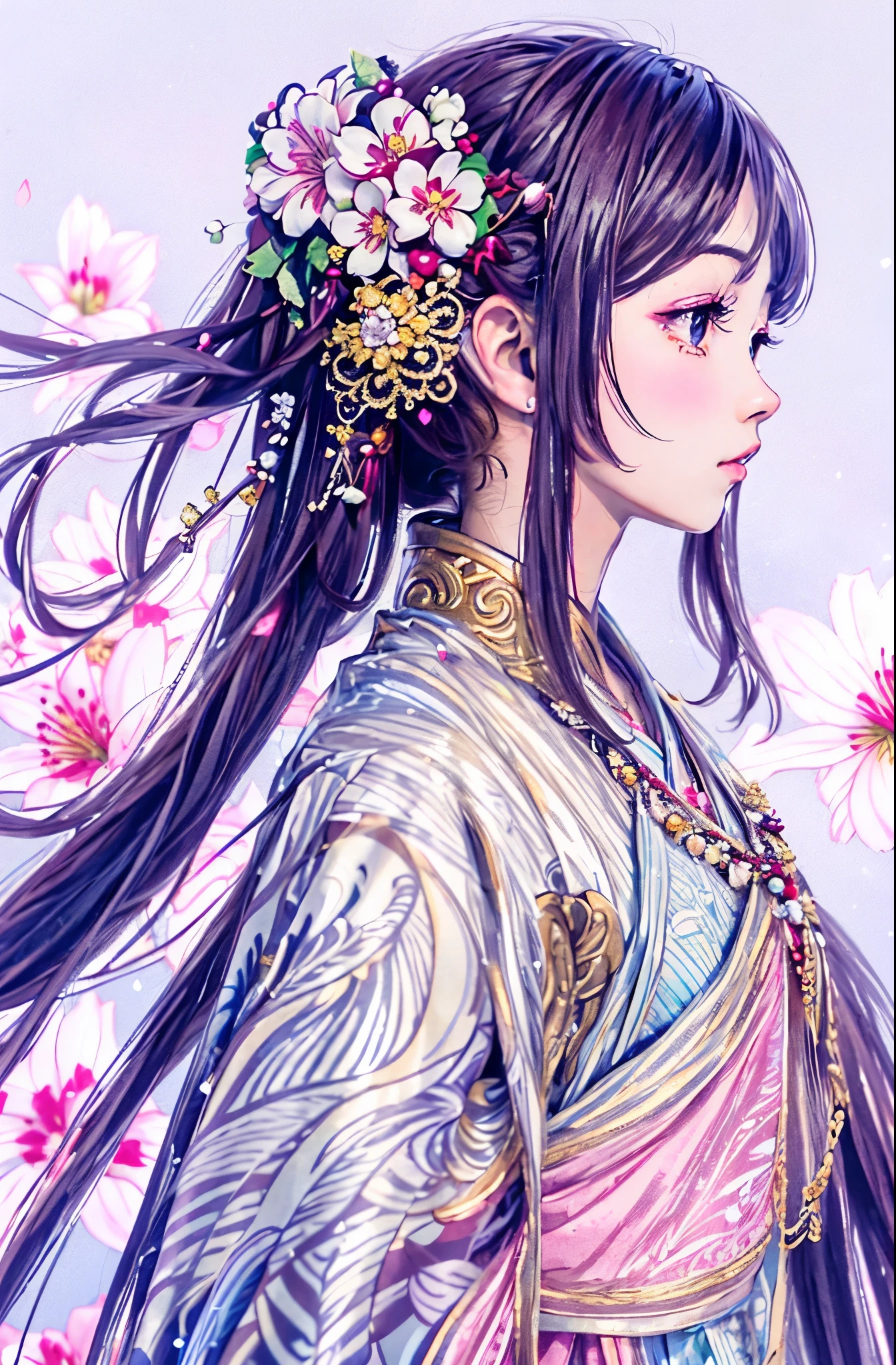 1girl, closed mouth, flower, Costume, hair flower, hair ornament, lily \(flower\), long hair, Flying cherry blossoms, profile,  background, solo, Elegant color, upper body, fresh and  background, white flowers