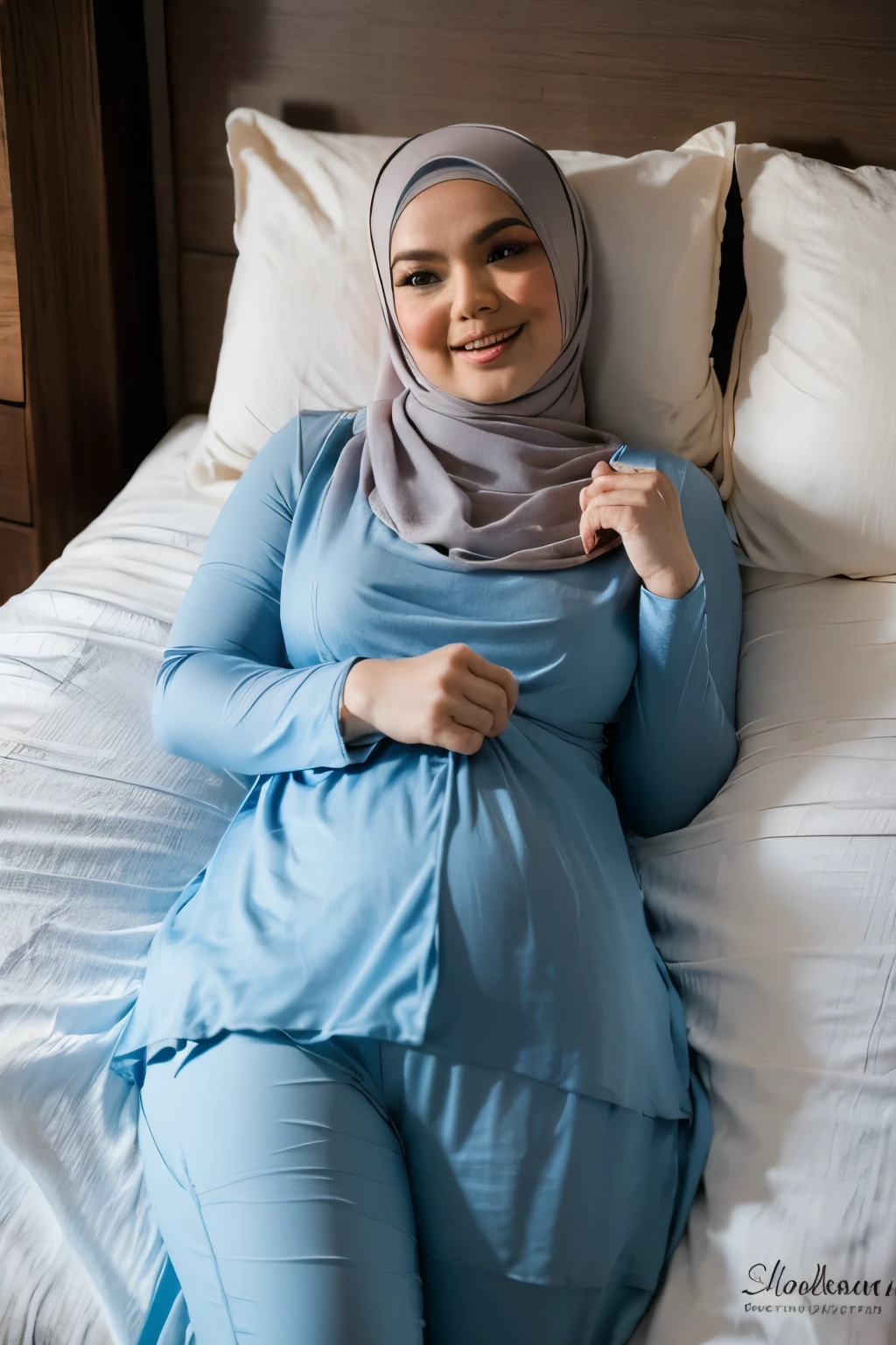 (Best quality, high resolution, masterpiece: 1.3), a beautiful malay woman in hijab, big breasts, slim figure, sweatshirt, beautifully presented details in the street and facial and skin texture, detailed eyes, double eyelids, big eyeschest visible, shirt openfeatures), HDR, 8k resolution, nice fingers, firm skin, (((high detail skin, visible pores))), 1 female, tall body, sitting on the bed, 18 years old, big breasts: 1.4, (huge pregnant:1.3), wearing Floral Silk Tight Malay Gamis Pastel Close Up Tight Hijab, Full Body, Beautiful Shy Smile, Wearing High Heels, In L