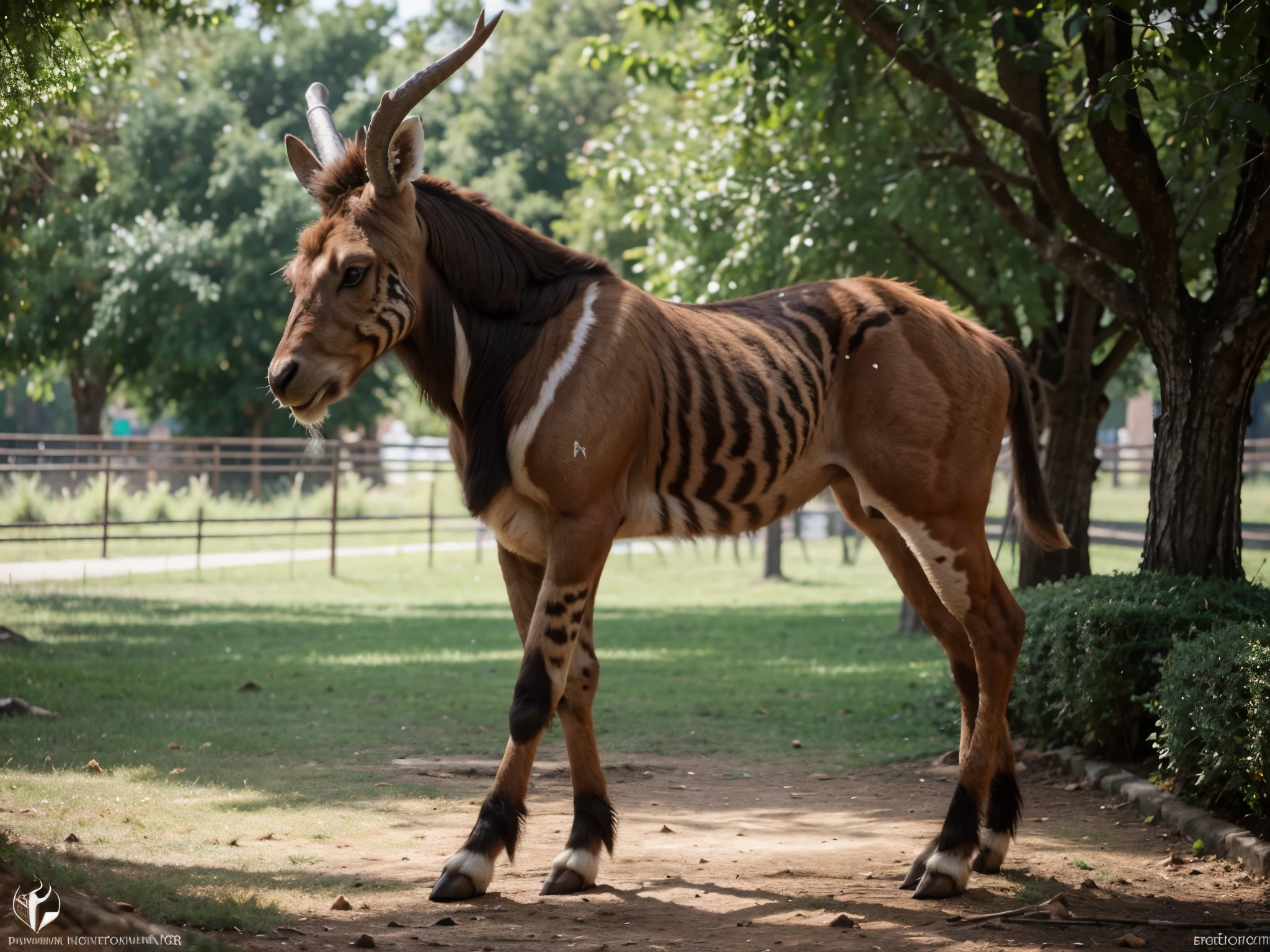 Imaginative crossbreed of Markhor and Okapi, photorealistic, hybrid animal, hyper detail, Bokeh background, full body, realistic
