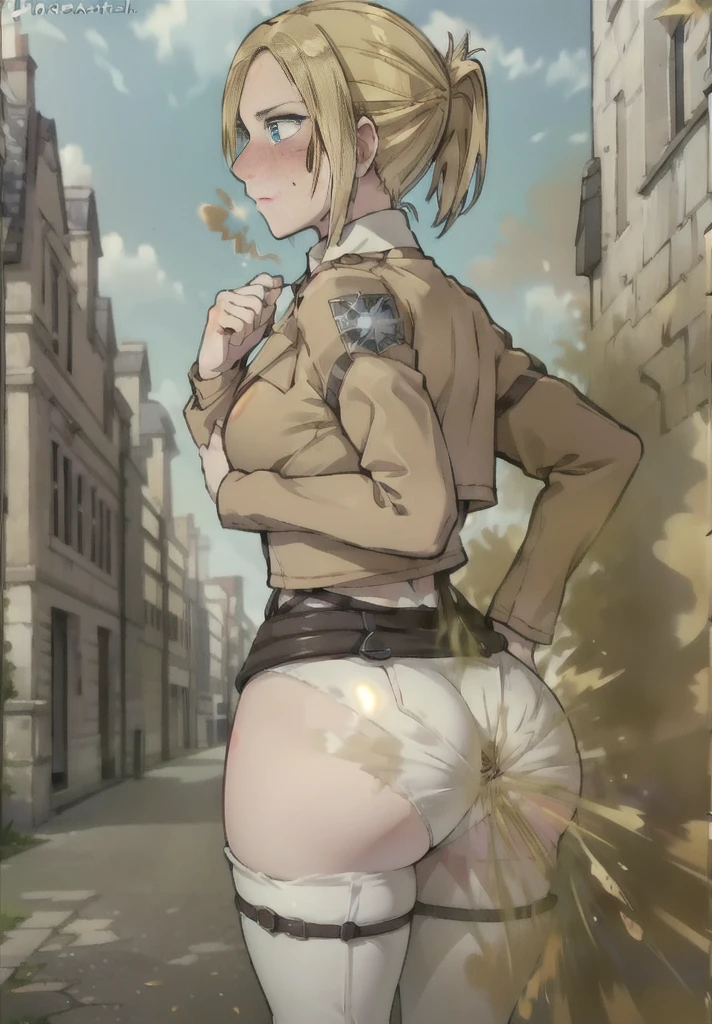 ((annie leonhart)),((velocity)),Attacked by farts, (((Women stand)),Embarrassed,velocity,((classic city)),((One Woman)),((fart while stand),her butt facing screen,fullbody,blue eye,detailed eyes,blushing)),(masterpiece:1.2、top-quality)、(the Extremely Detailed CG Unity 8K Wallpapers、ultra-detailliert、Best Shadows)、(细致背景)、(The best lighting、extremely delicate and beautiful)、depth of fields、1girl in、独奏 ,Women wear scout outfit,Ephemeral,,(blonde),(scout regiment outfit)),((((Girl embarassed when she smells the bad smell of farts)))),outfit like a scout regiment,((((profile facing diagonally)),((massive fart))