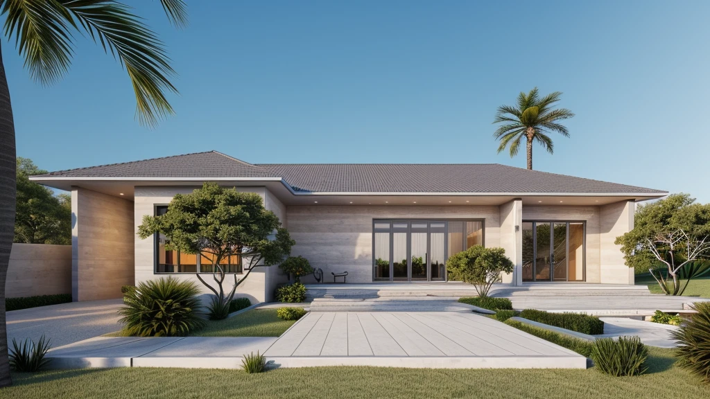 masterpiece, photos taken by professional camera, super detailed, extremely detailed, rendered by vray 2023, rendered 8k, award winning design, 1 modern villa, 1 hour, clear blue sky, beautiful day, daylight, warm sunlight, 1000k, arch daily.com