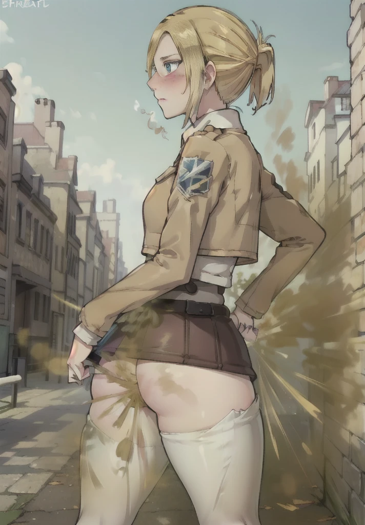 ((annie leonhart)),((velocity)),Attacked by farts, (((Women stand)),Embarrassed,velocity,((classic city)),((One Woman)),((fart while stand),fullbody,blue eye,detailed eyes,blushing)),(masterpiece:1.2、top-quality)、(the Extremely Detailed CG Unity 8K Wallpapers、ultra-detailliert、Best Shadows)、(细致背景)、(The best lighting、extremely delicate and beautiful)、depth of fields、1girl in、独奏 ,Women wear scout outfit,Ephemeral,,(blonde),(scout regiment outfit)),((((Girl embarassed when she smells the bad smell of farts)))),outfit like a scout regiment,((((profile facing diagonally)),((massive fart))