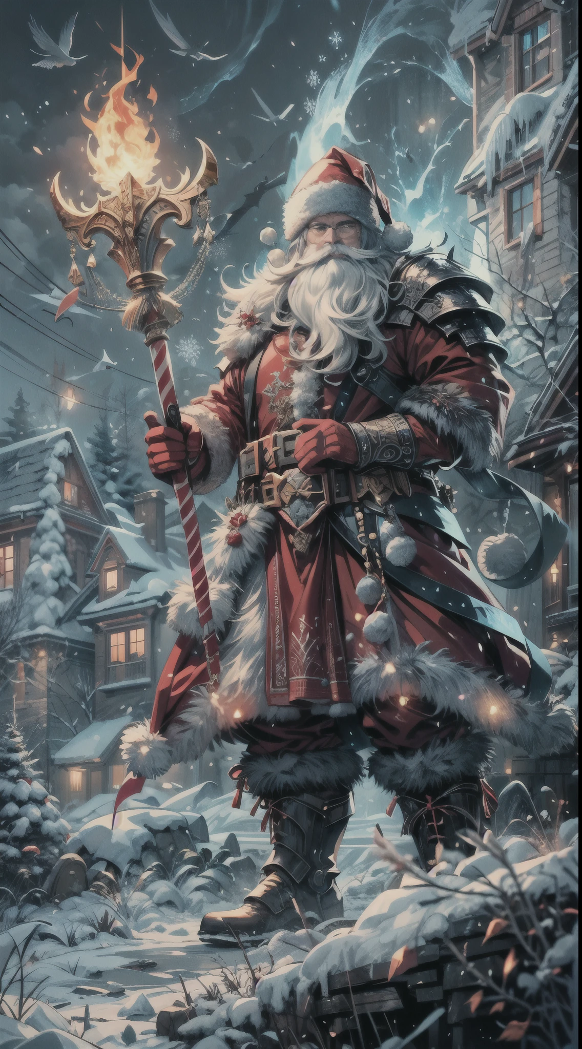 Santa Claus as the boss of the game "Dark Souls" in the Christmas DLC,best quality,4k,8k,highres,masterpiece:1.2,ultra-detailed,realistic:1.37,[HDR],[UHD],[studio lighting],extremely detailed face,beautiful detailed eyes,beautiful detailed lips,long eyelashes,[physically-based rendering],powerful physique,wearing a red and white armor suit with intricate designs,[imposing presence],holding a mighty candy cane [greatsword],surrounded by a snowy landscape,with large icicles hanging from the environment,casting a golden aura,[epic battle scene],intense fire and smoke effects,[vivid colorokeh],blue and white color scheme with hints of gold, dramatic lighting with warm highlights and cool shadows.