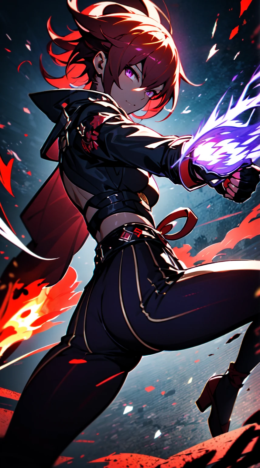 Ultra definition, masterpiece, best quality, Experienced fighter with dark red short hair, medium skin tone, A jacket and light armor red and black metallic Like kuki shinobu outfit, combat stance, Energy like purple flaming lightning emanating from the fists , sharp ocular posture, yellow eyes.  Waist line