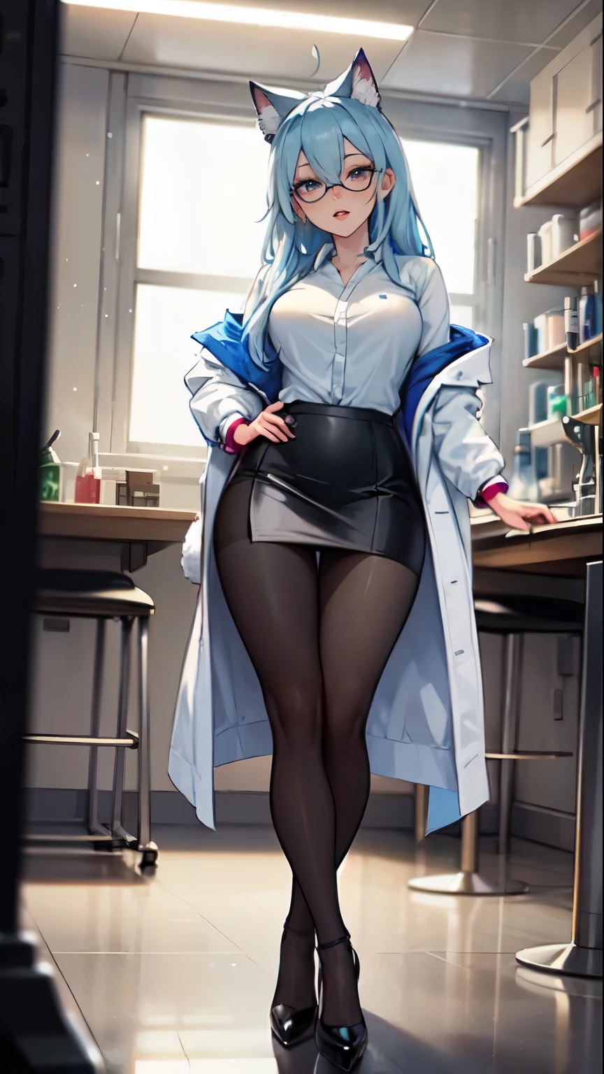 Masterpiece, beautiful art, professional artist, 8k, art style by sciamano240, very detailed face, detailed hair, detailed clothes, detailed fabric, 1girl, perfectly drawn body, beautiful face, long hair, light blue hair , very detailed blue cat eyes, wearing white lab coat, wearing black shirt with white stripes, white pencil skirts, black pantyhose, glasses, black high heel shoes, rosey cheeks, posing in lab setting, show details in eyes, full body view from ground up, cowboy shot, cute expression,