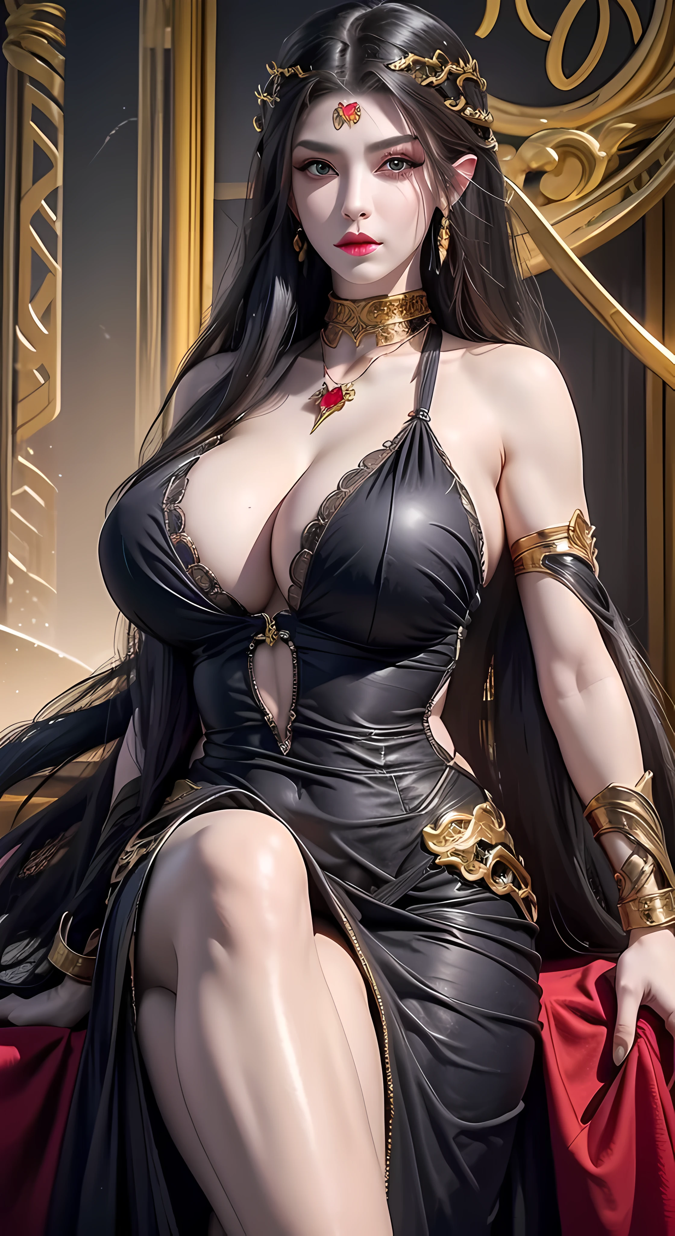 Photorealistic, high resolution, 1 woman, hips up, Beautiful eyes, Long hair, ringed eyes, jewelry, medusa, black dress, ((huge boobs)), ((huge muscles))