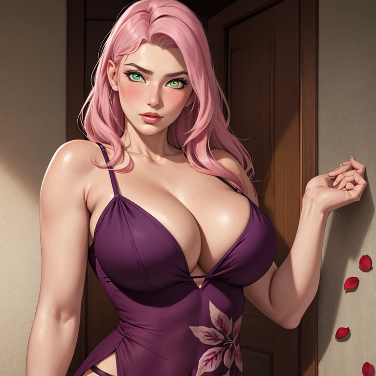 masterpiece, absurdres, sakura\(boruto\), 1girl, solo,mature female, Purple slip dress,cleavage,Large breastrown pantteriors, looking at viewelling petals), perfect composition, detailed lips, big breast, beautiful face, body propotion, blush, (pink lips), long hair, green eyes, soft gaze, super realistic, detailed, photoshoot, realistic face and body